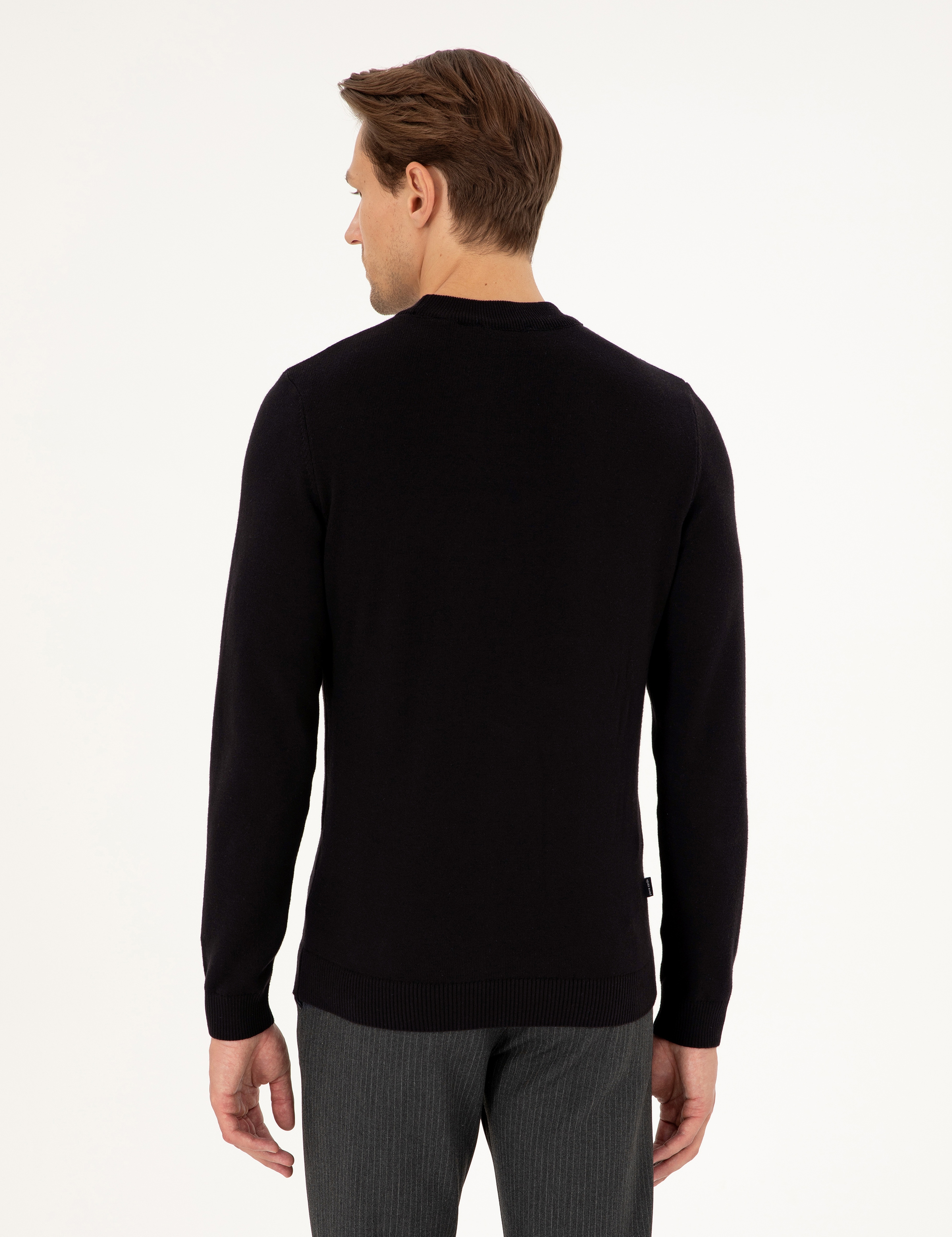Siyah Slim Fit Çeyrek Yaka Basic Triko Kazak - Image 5