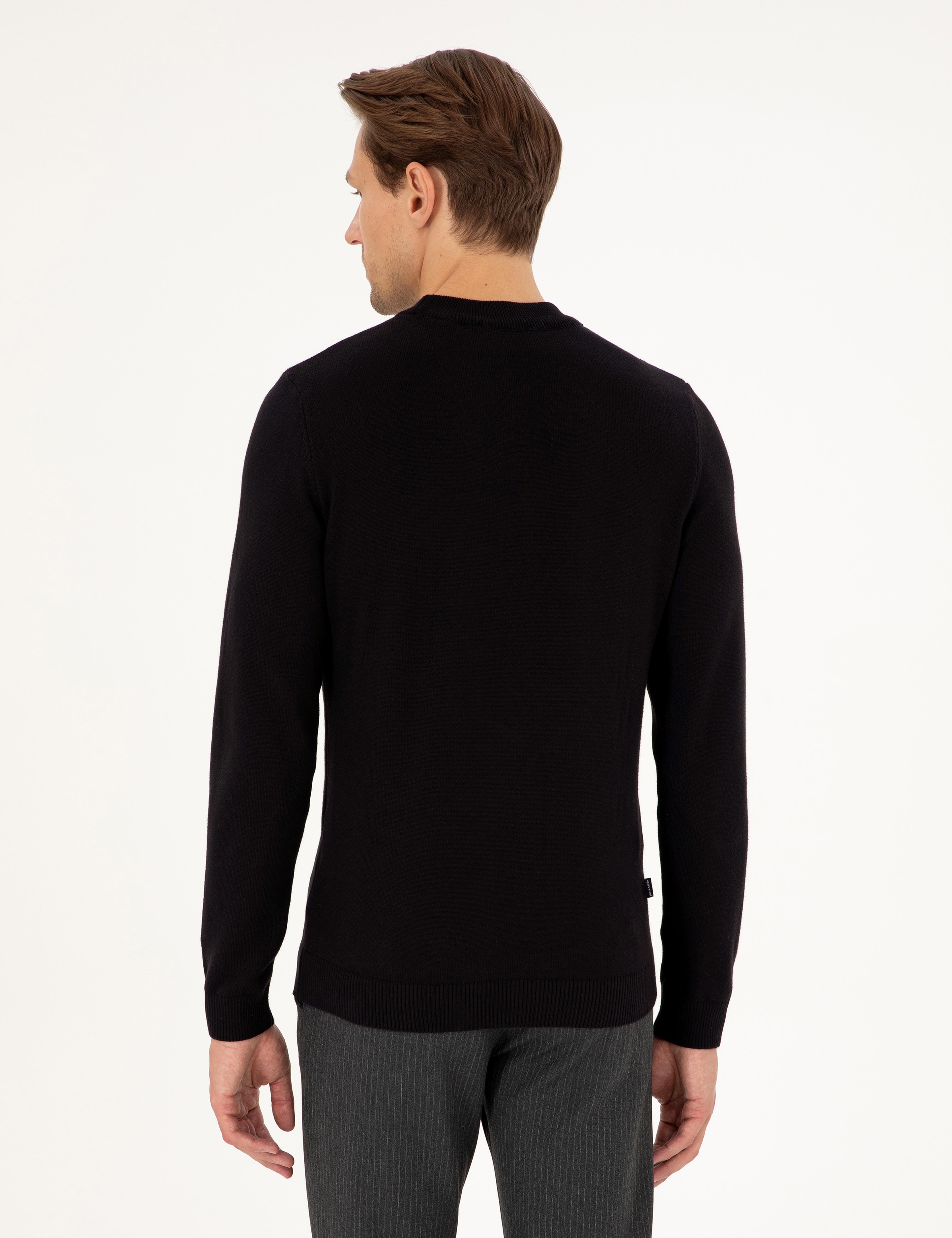Siyah Slim Fit Çeyrek Yaka Basic Triko Kazak