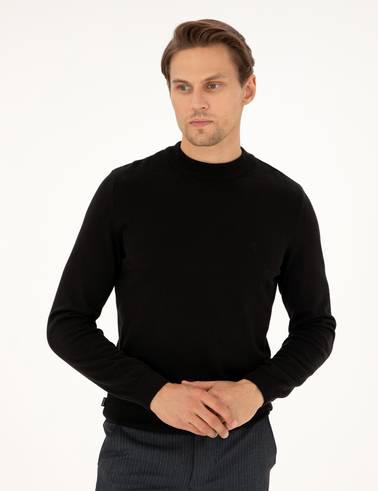 Siyah Slim Fit Çeyrek Yaka Basic Triko Kazak