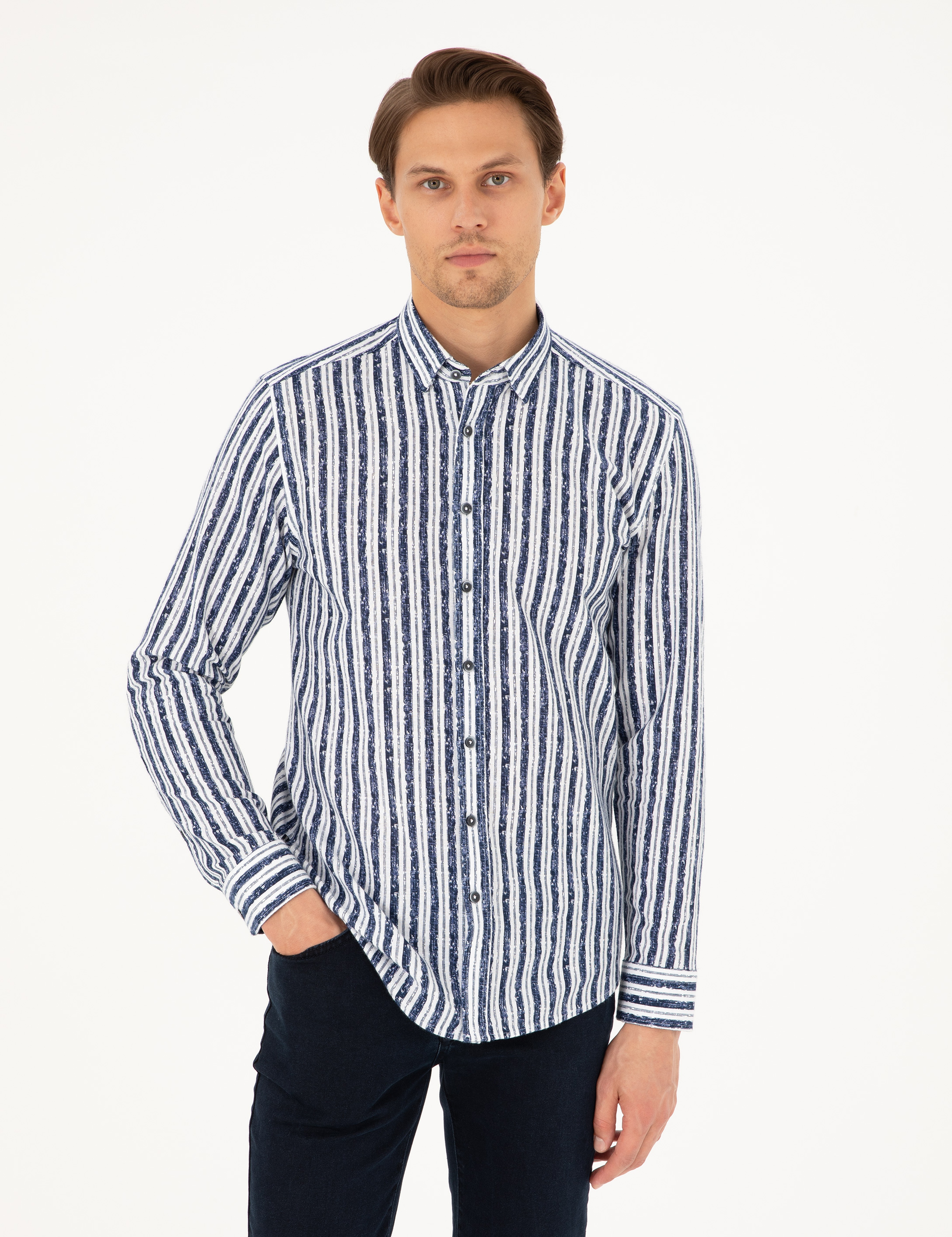 Lacivert Slim Fit Uzun Kollu Gömlek - Image 1
