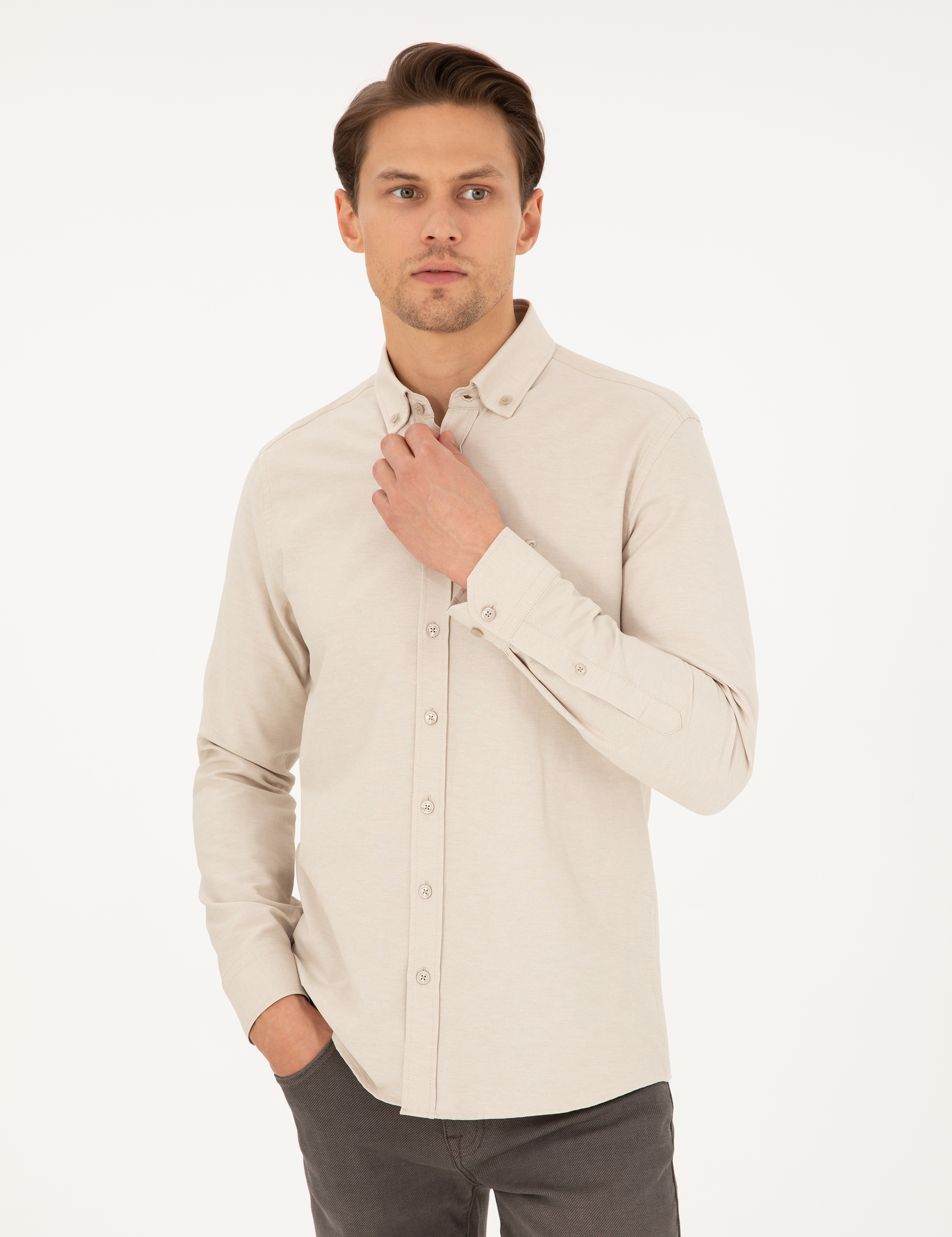 Bej Slim Fit Uzun Kollu Gömlek - Image 3