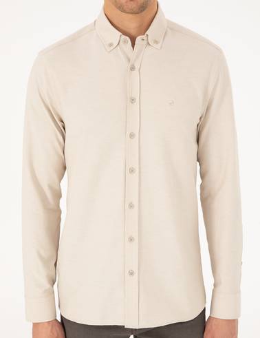 Bej Slim Fit Uzun Kollu Gömlek