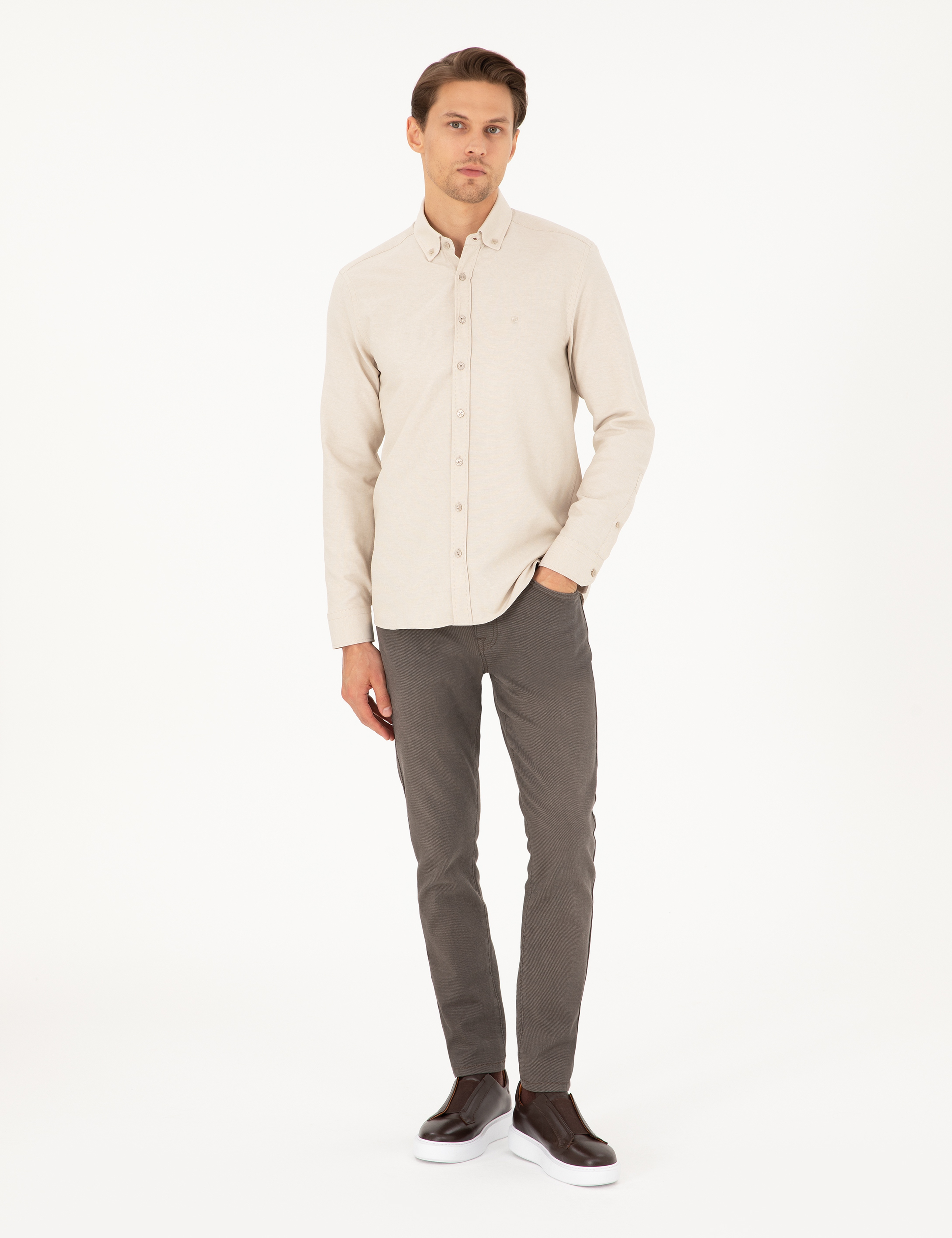 Bej Slim Fit Uzun Kollu Gömlek - Image 4