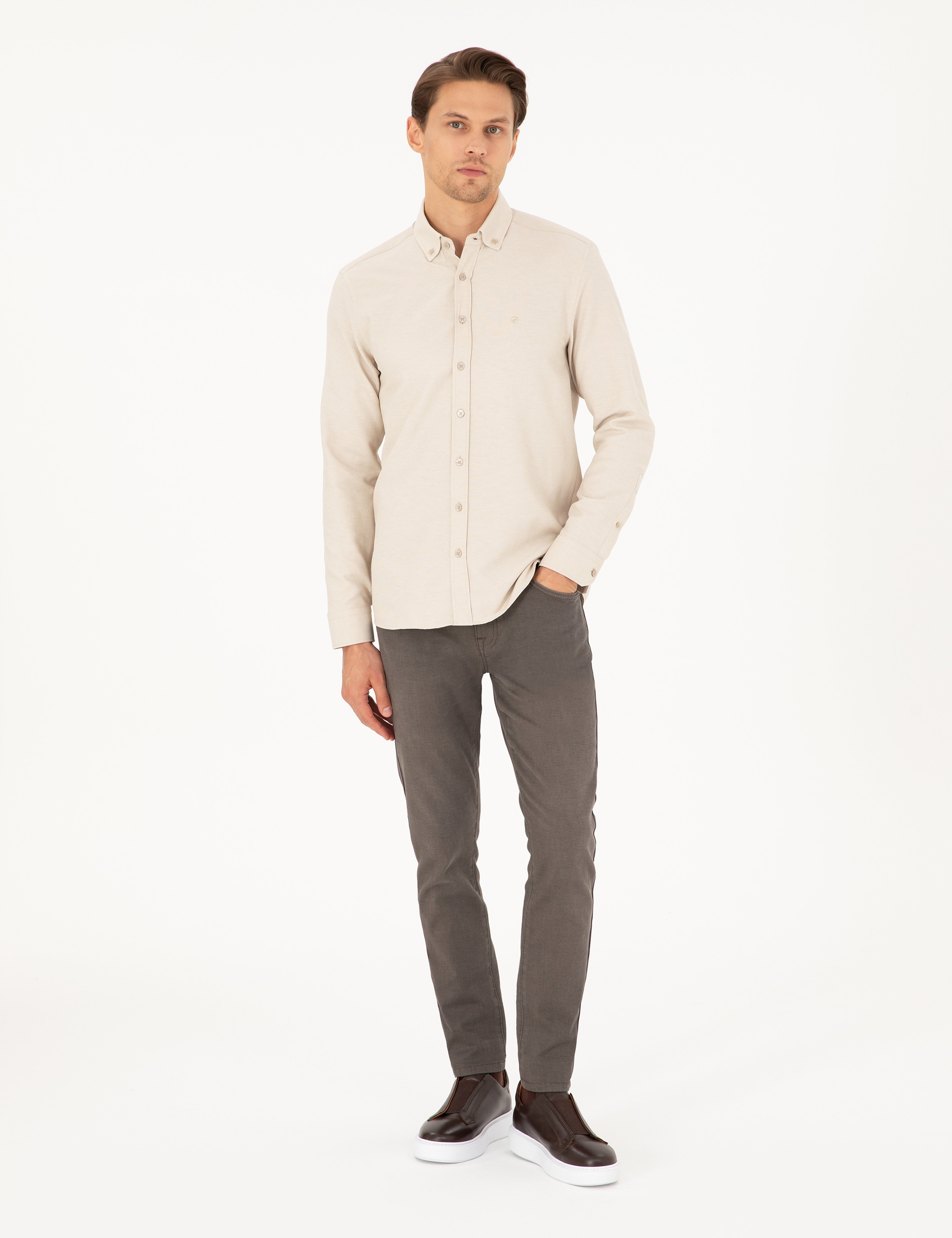 Bej Slim Fit Uzun Kollu Gömlek