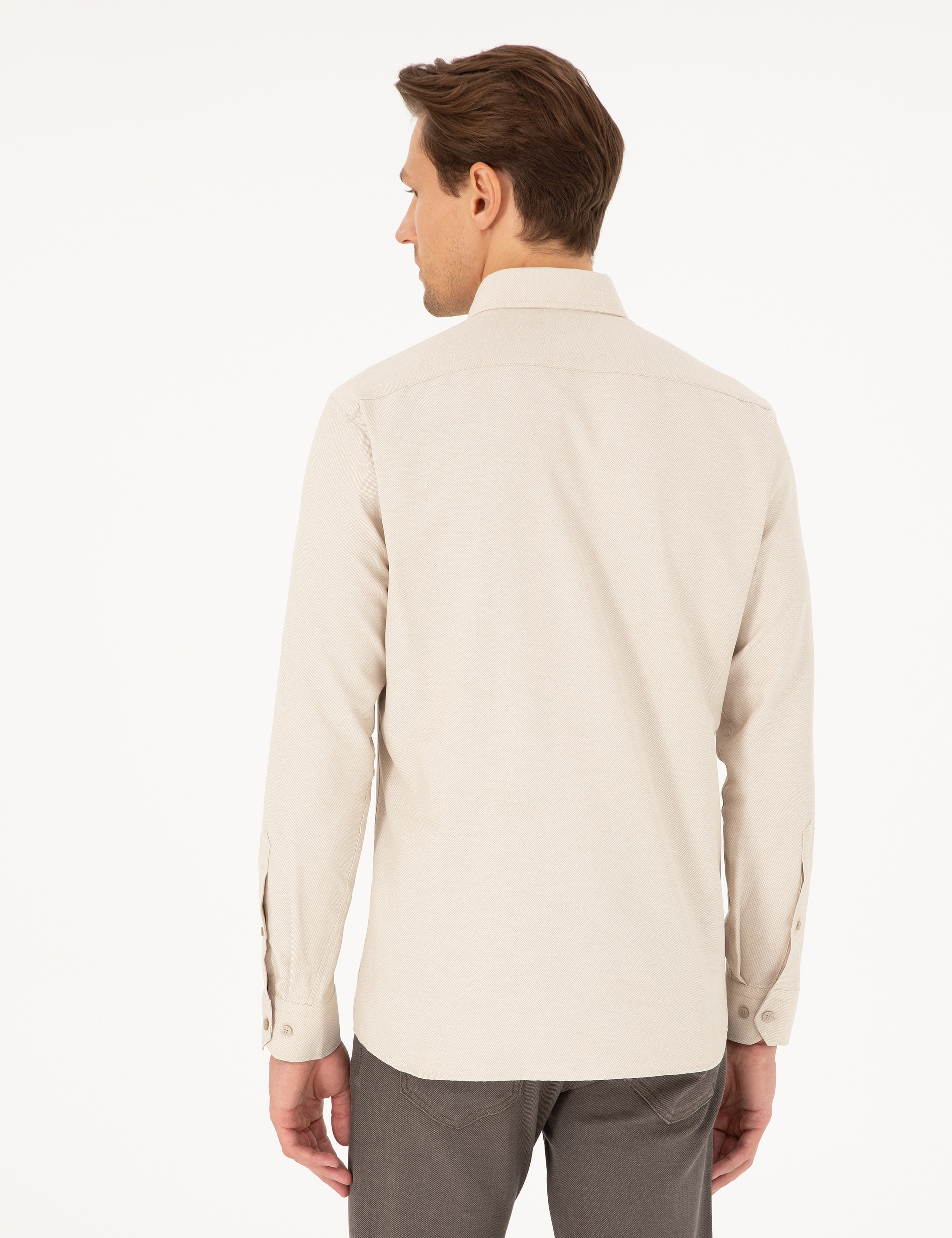 Bej Slim Fit Uzun Kollu Gömlek - Image 5