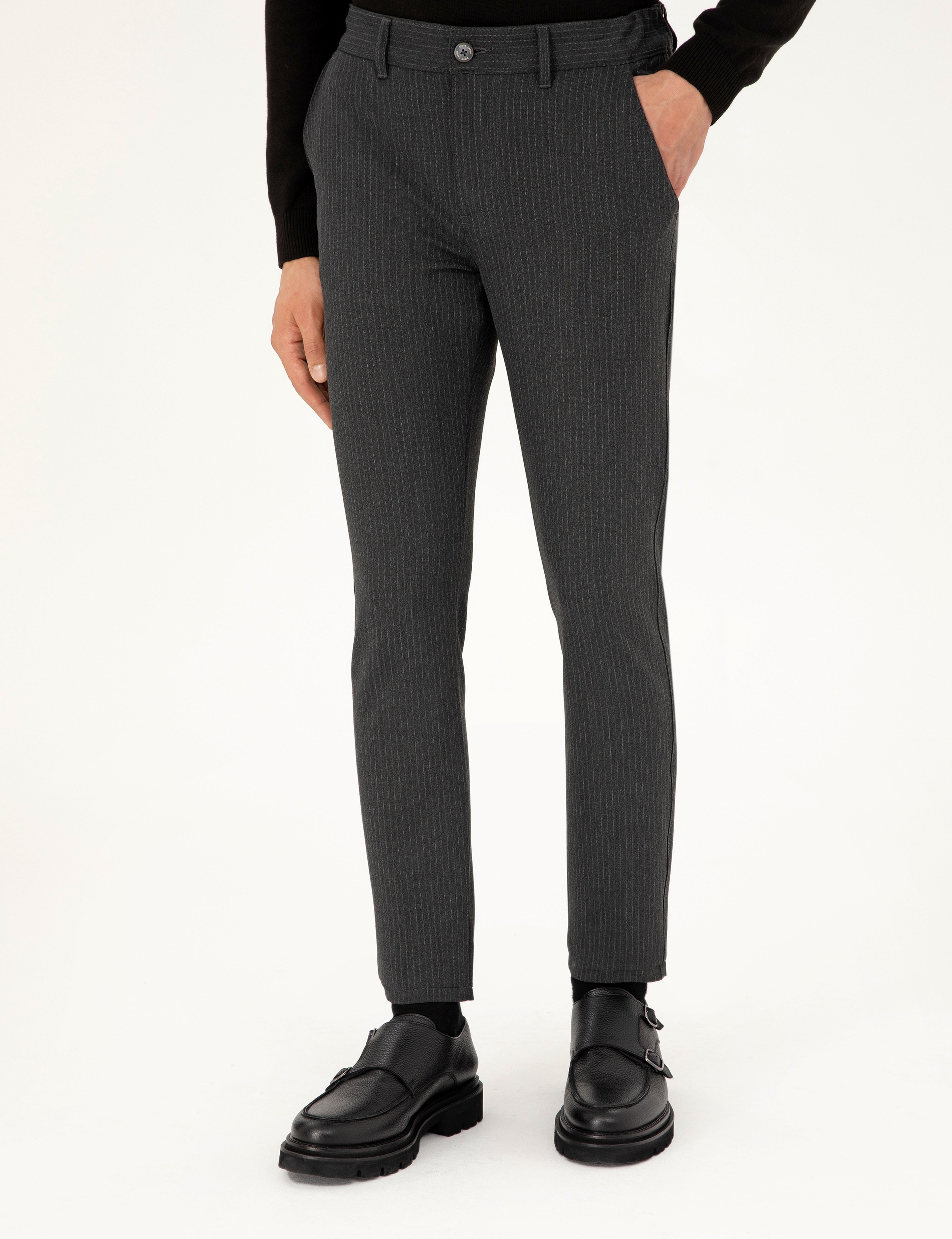Antrasit Slim Fit Çizgili Kanvas Pantolon