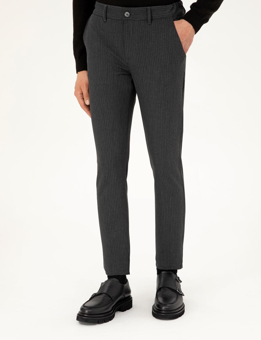 Antrasit Slim Fit Çizgili Kanvas Pantolon
