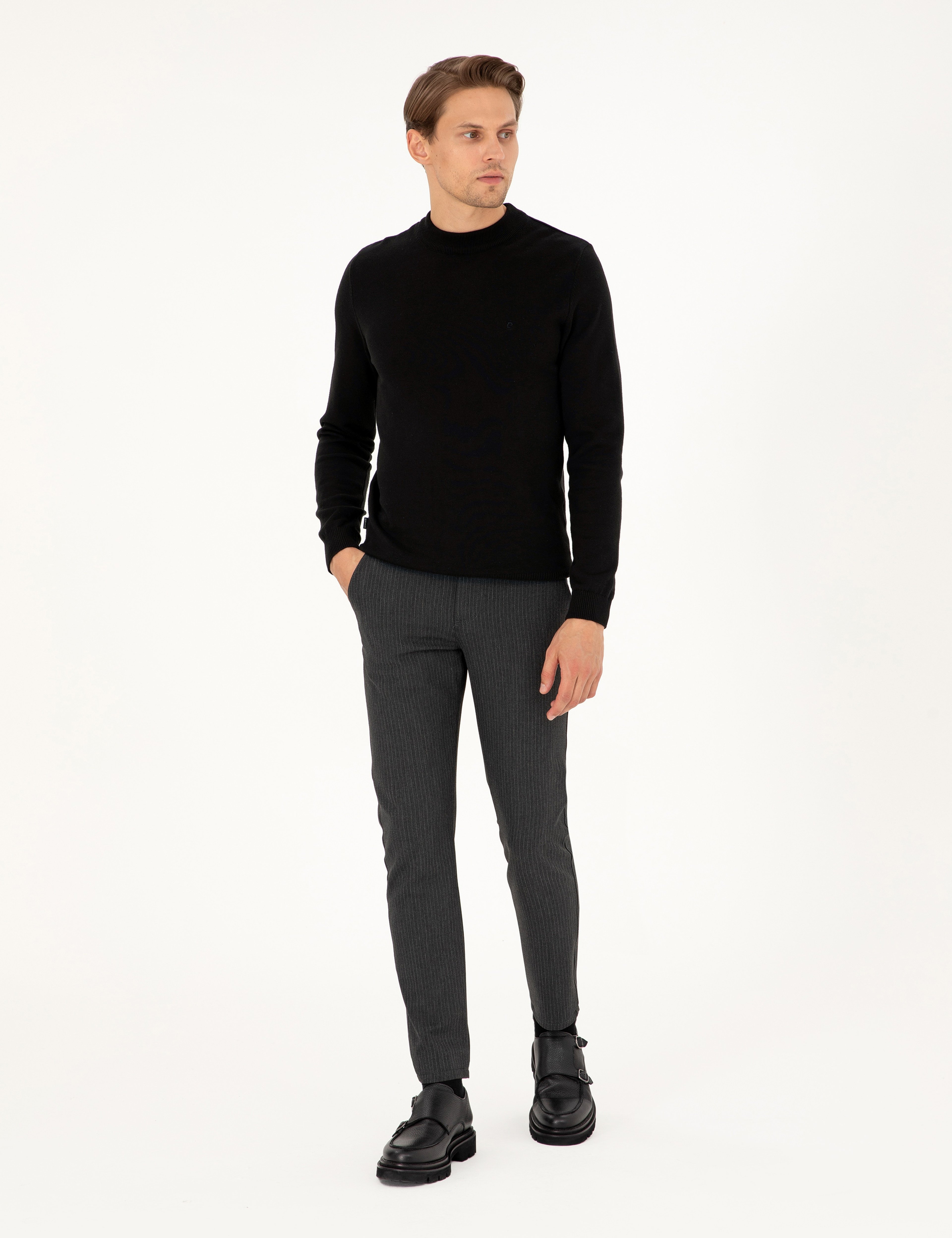 Antrasit Slim Fit Çizgili Kanvas Pantolon