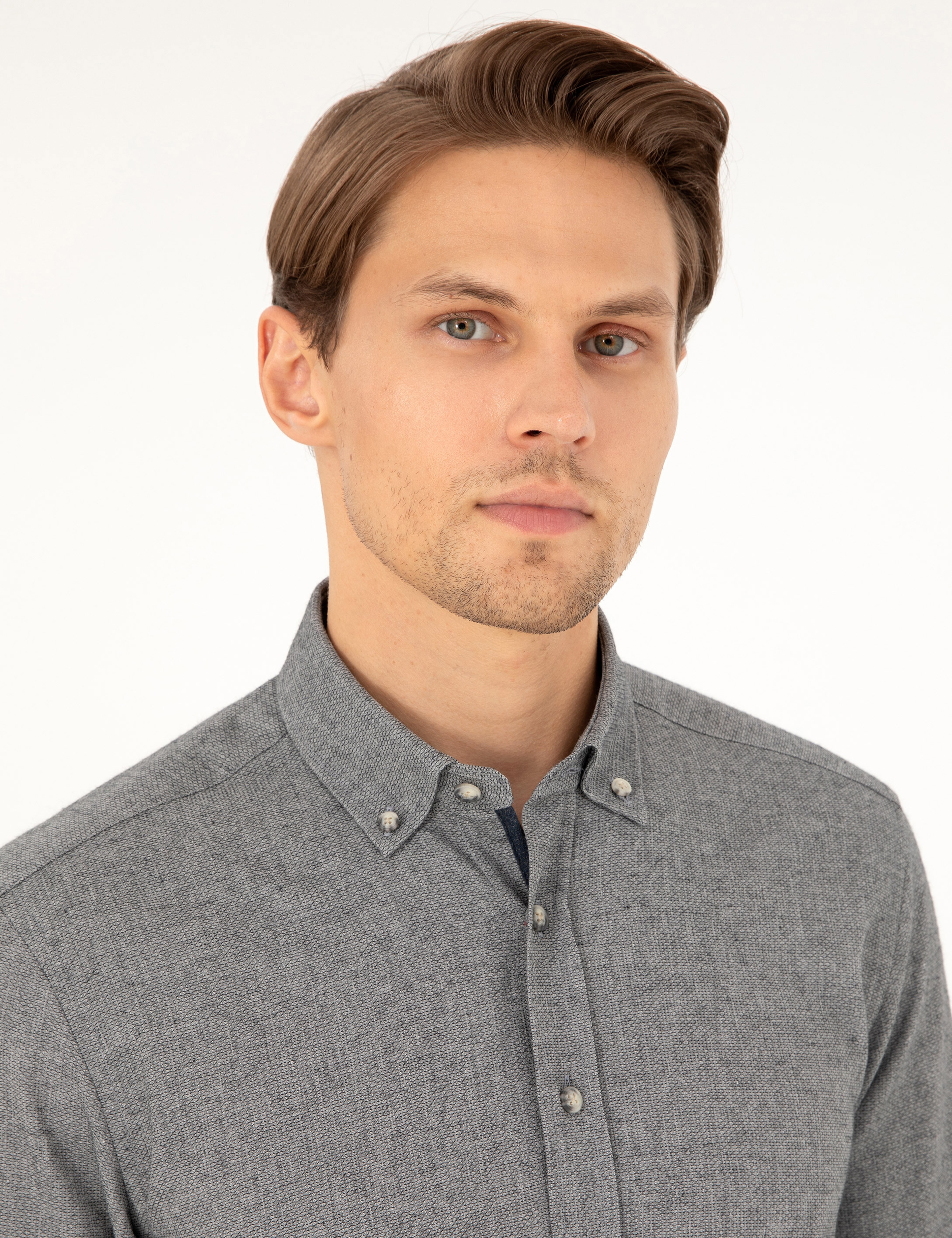 Gri Slim Fit Uzun Kollu Gömlek - Image 2