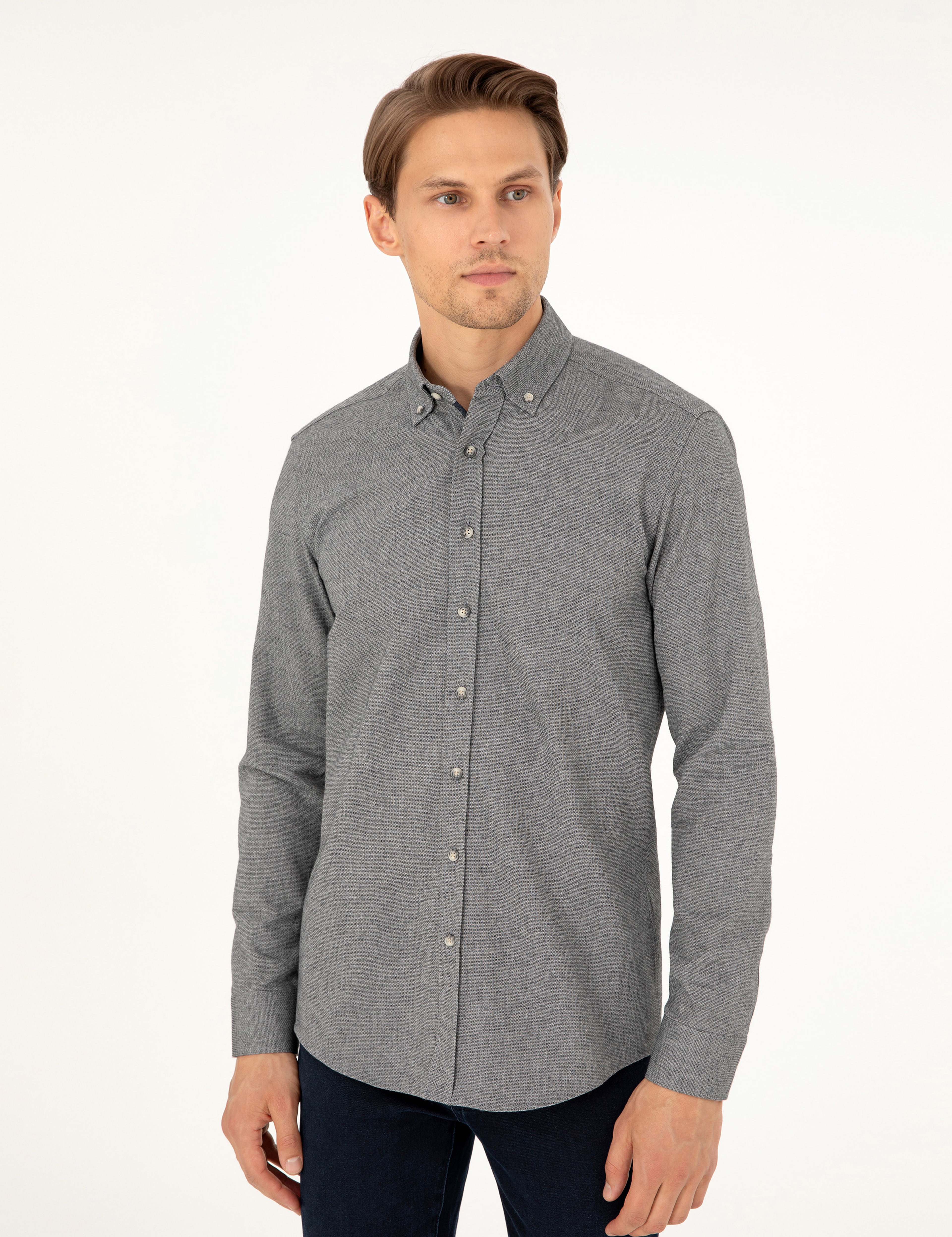 Gri Slim Fit Uzun Kollu Gömlek - Image 3