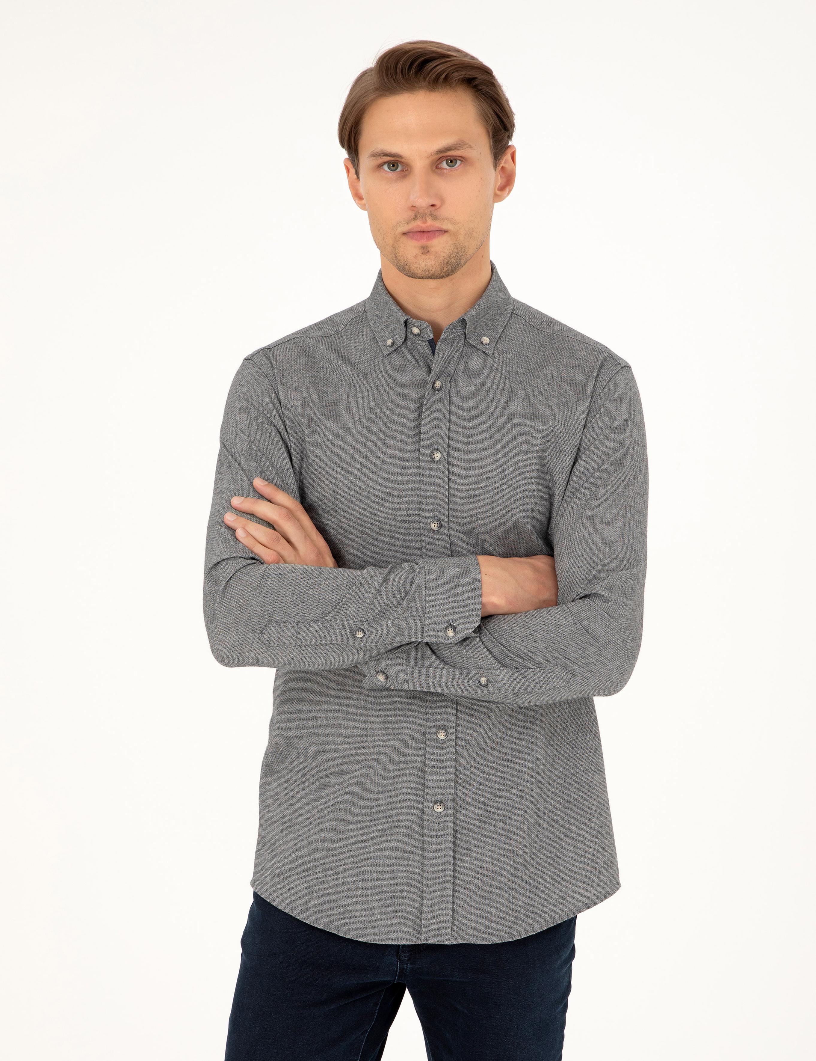 Gri Slim Fit Uzun Kollu Gömlek