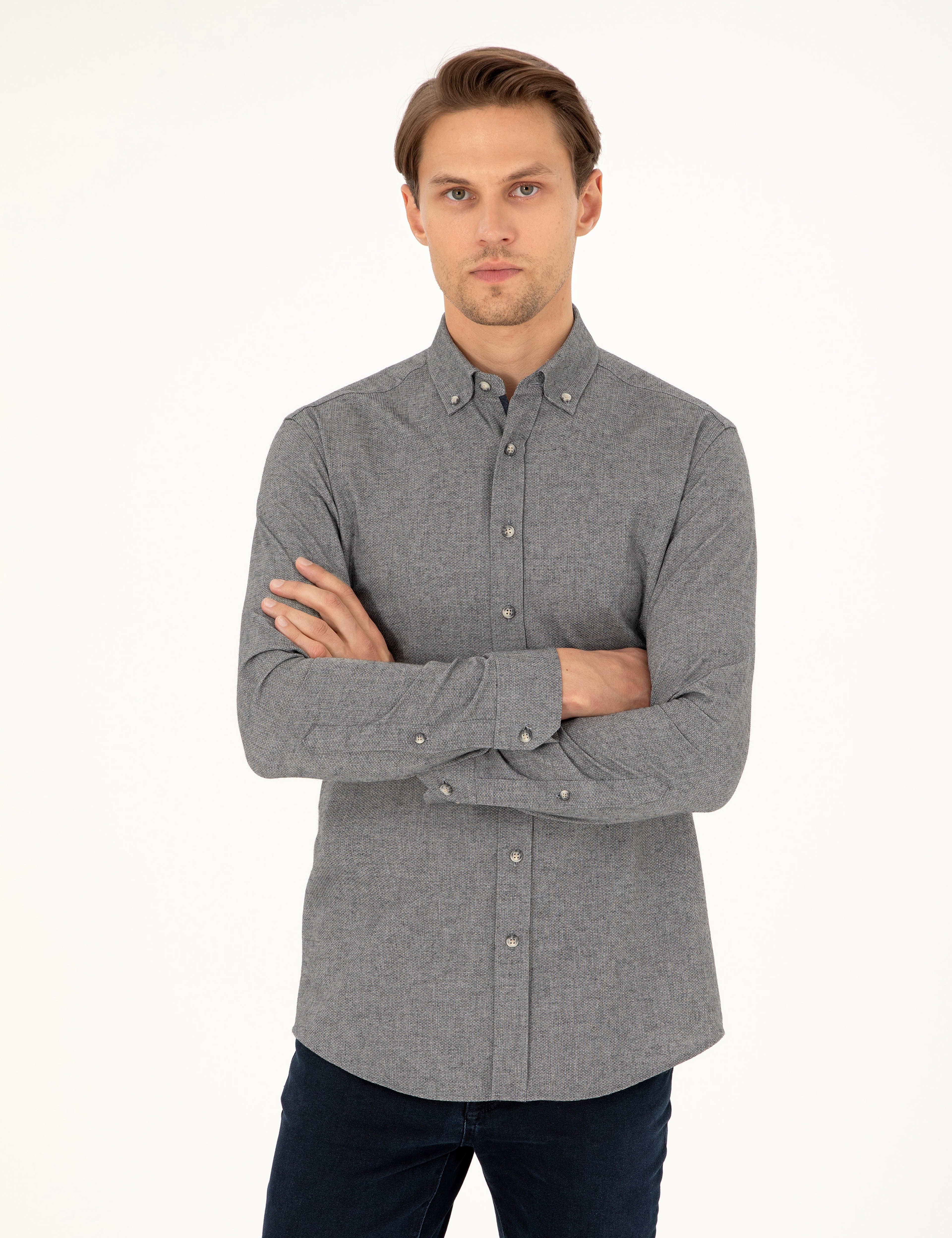 Gri Slim Fit Uzun Kollu Gömlek