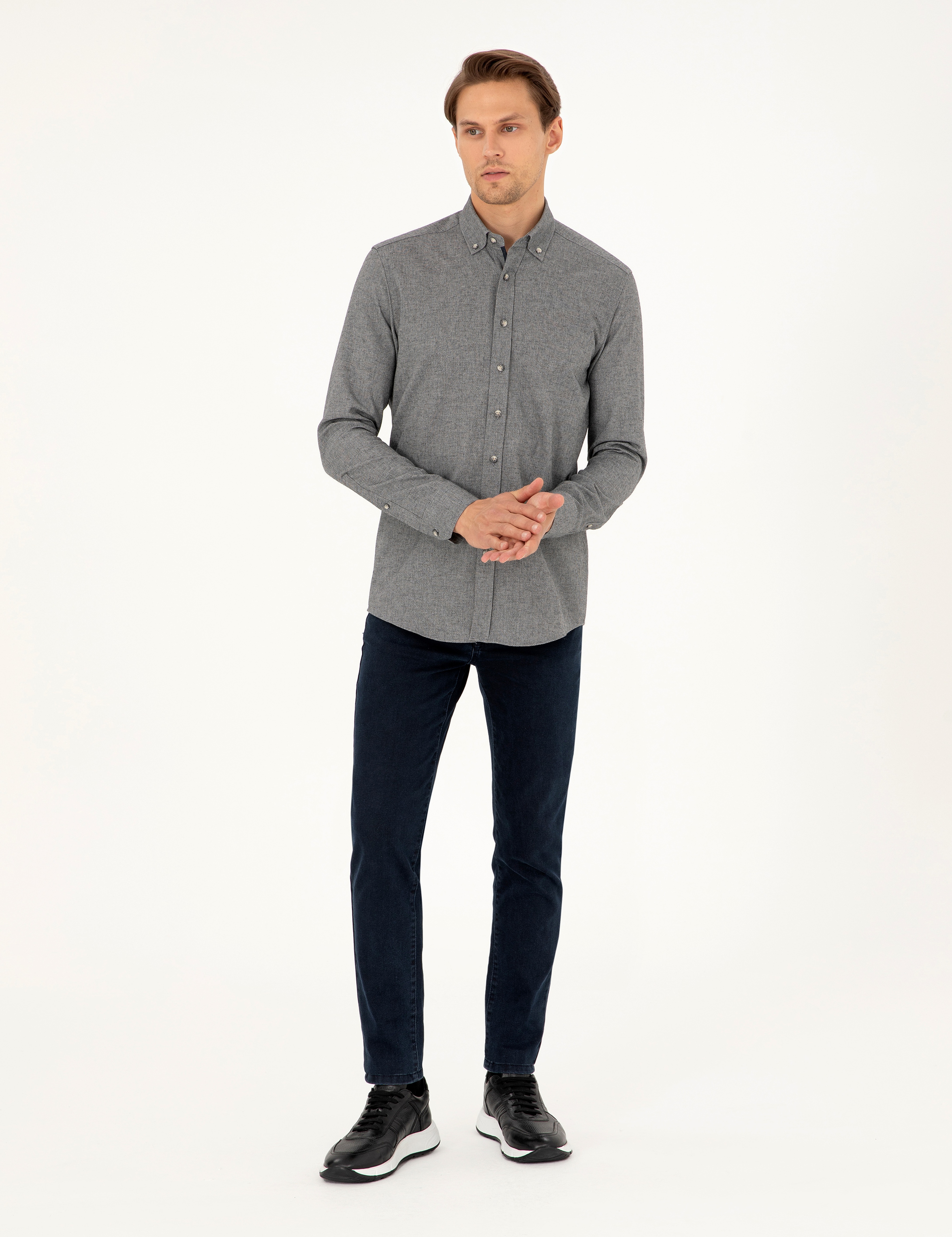 Gri Slim Fit Uzun Kollu Gömlek - Image 4
