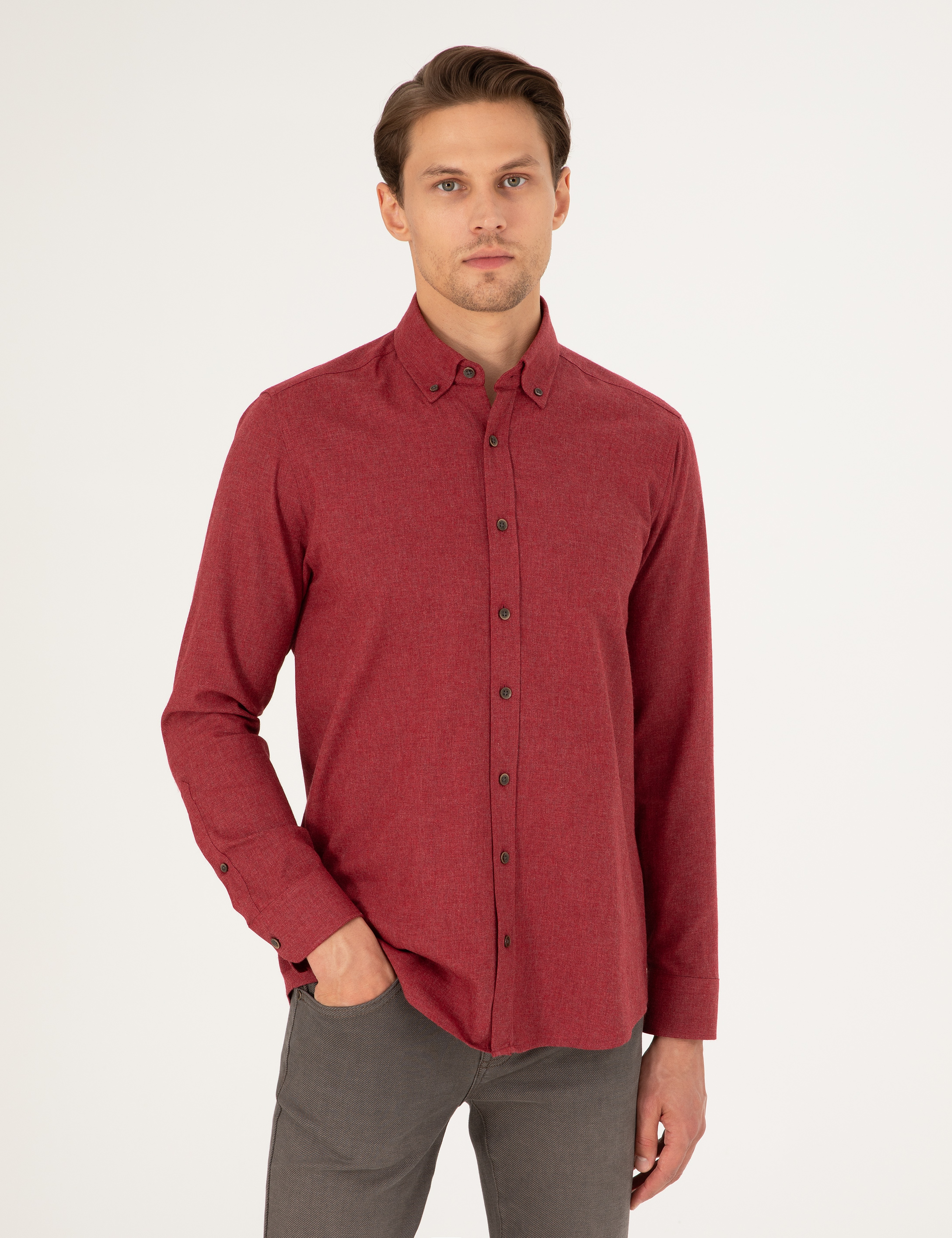 Vişne Regular Fit Uzun Kollu Gömlek - Image 1