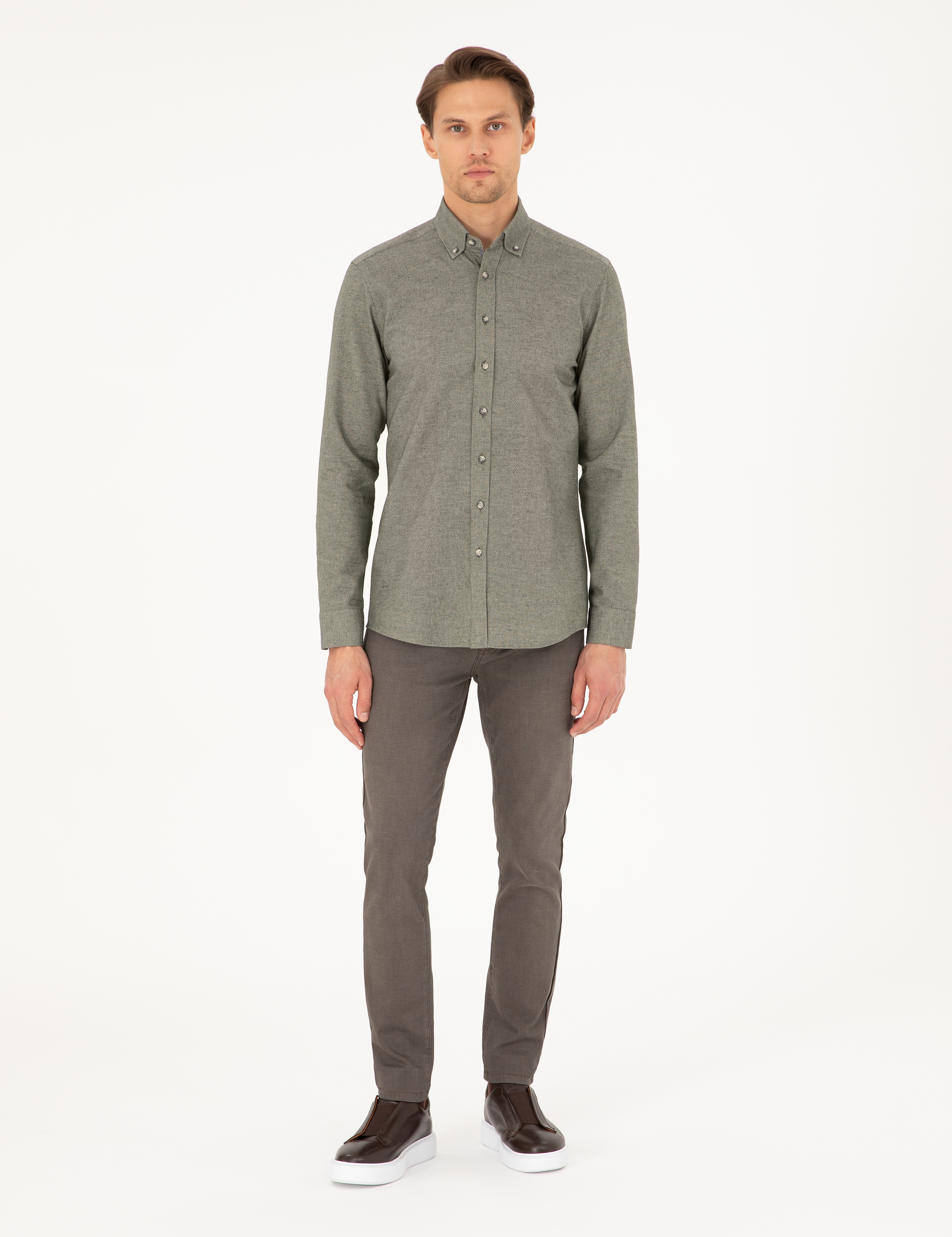 Haki Slim Fit Uzun Kollu Gömlek - Image 4
