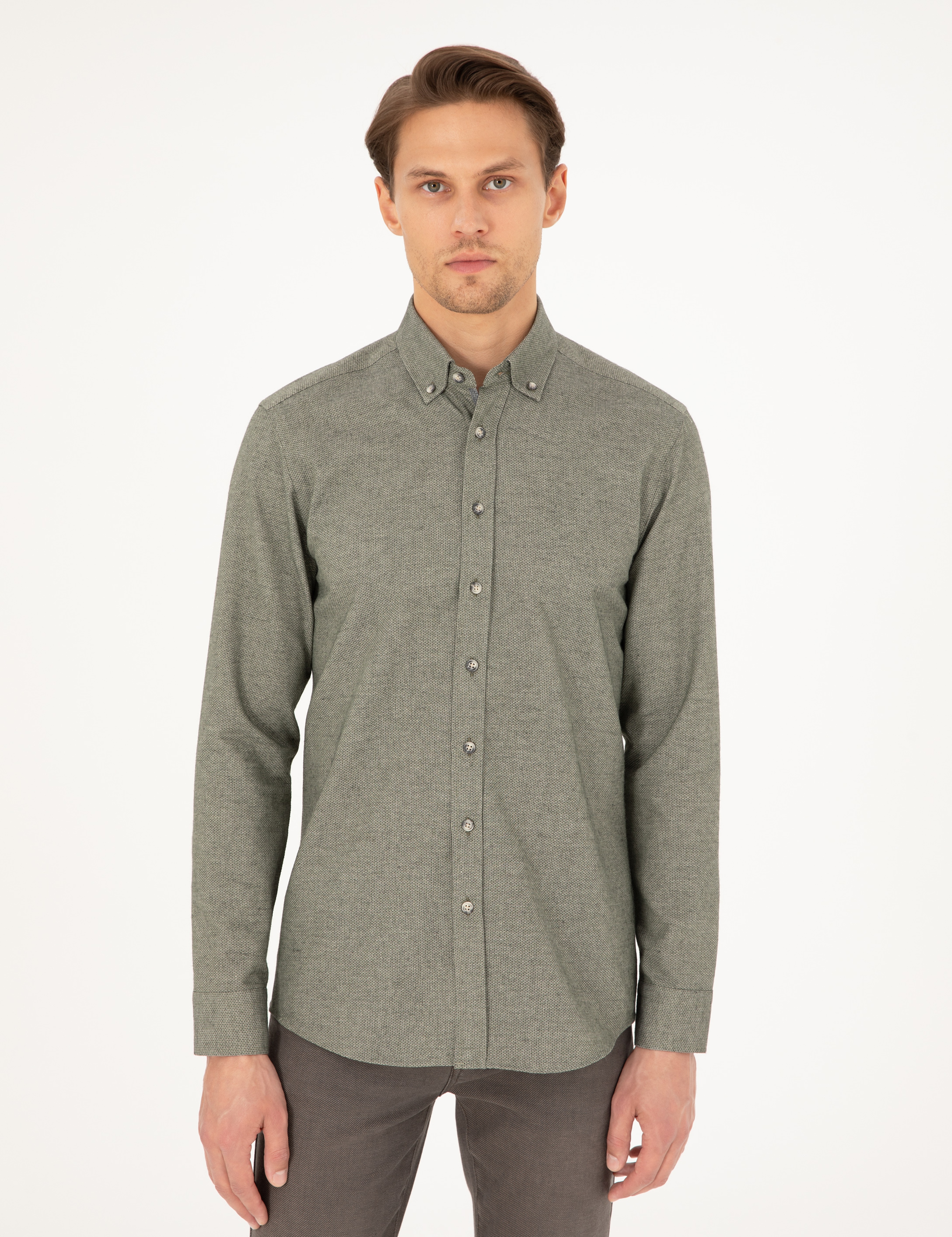 Haki Slim Fit Uzun Kollu Gömlek - Image 3