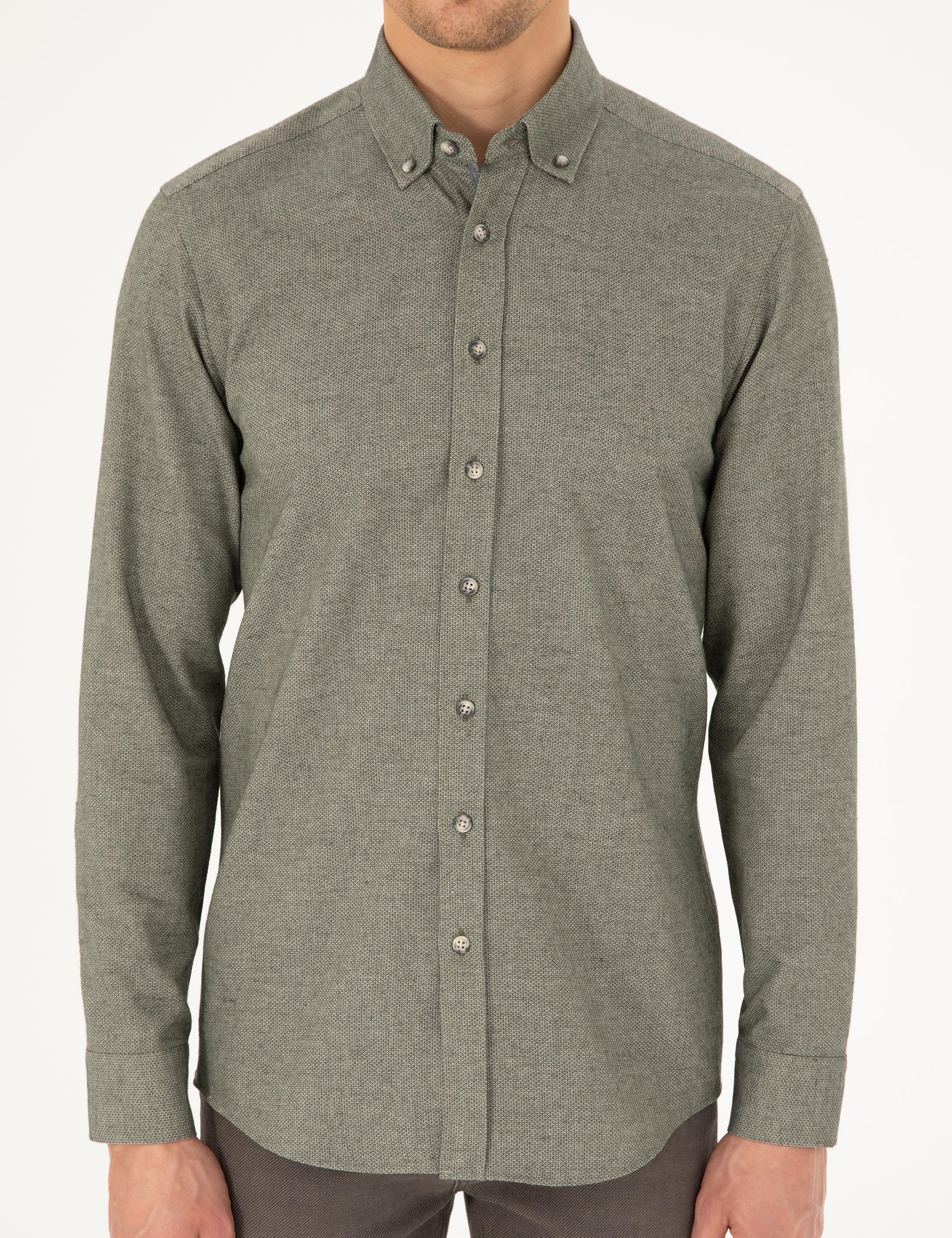Haki Slim Fit Uzun Kollu Gömlek - Image 6