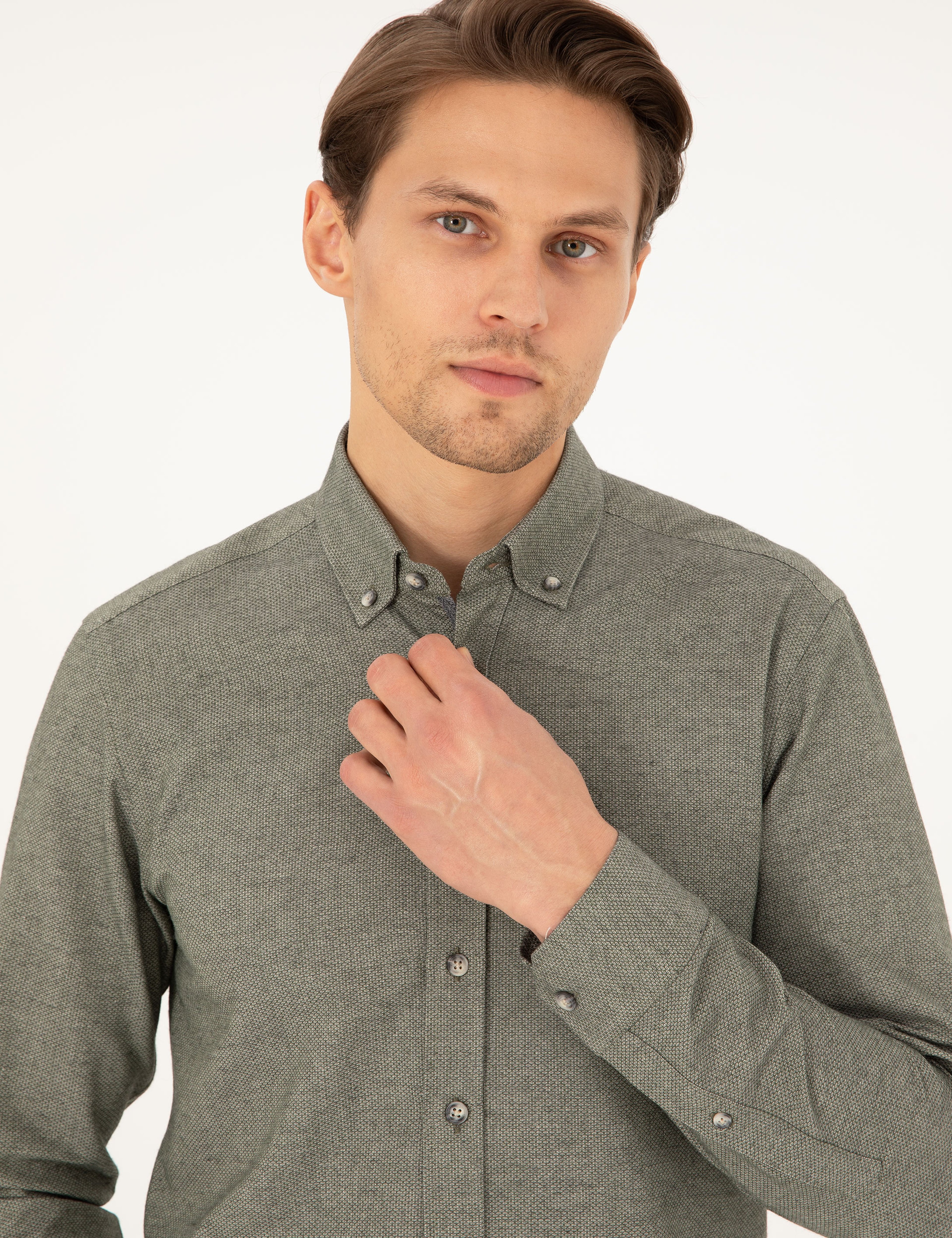 Haki Slim Fit Uzun Kollu Gömlek - Image 2