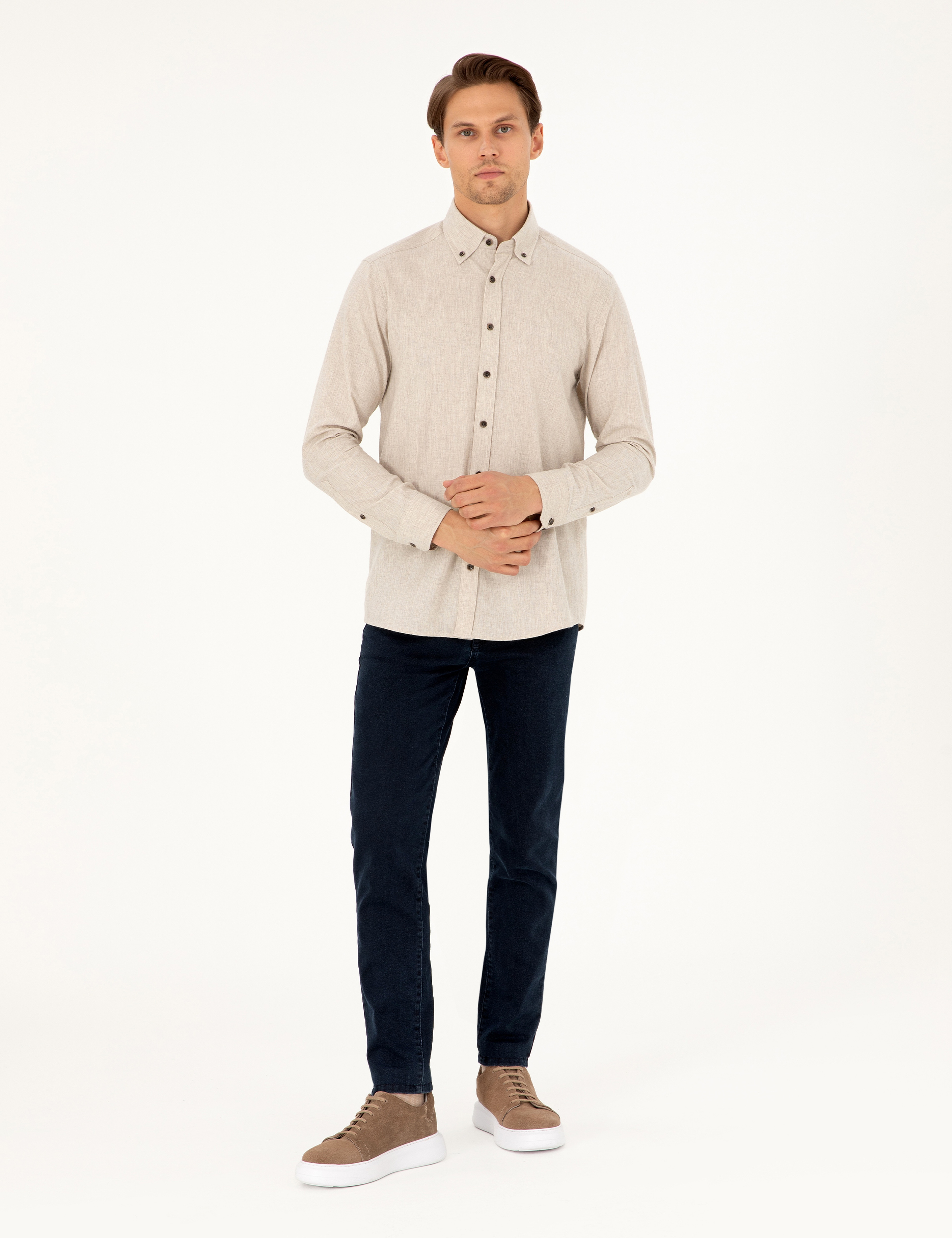 Bej Regular Fit Uzun Kollu Gömlek - Image 4