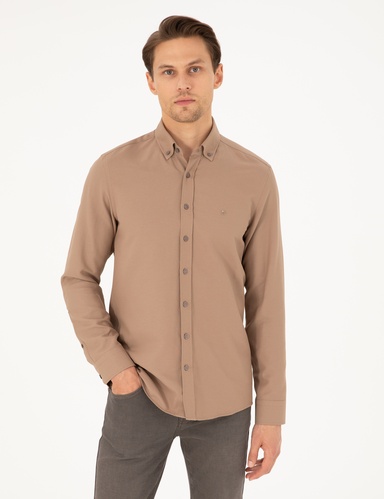 Açık Kahverengi Slim Fit Uzun Kollu Gömlek