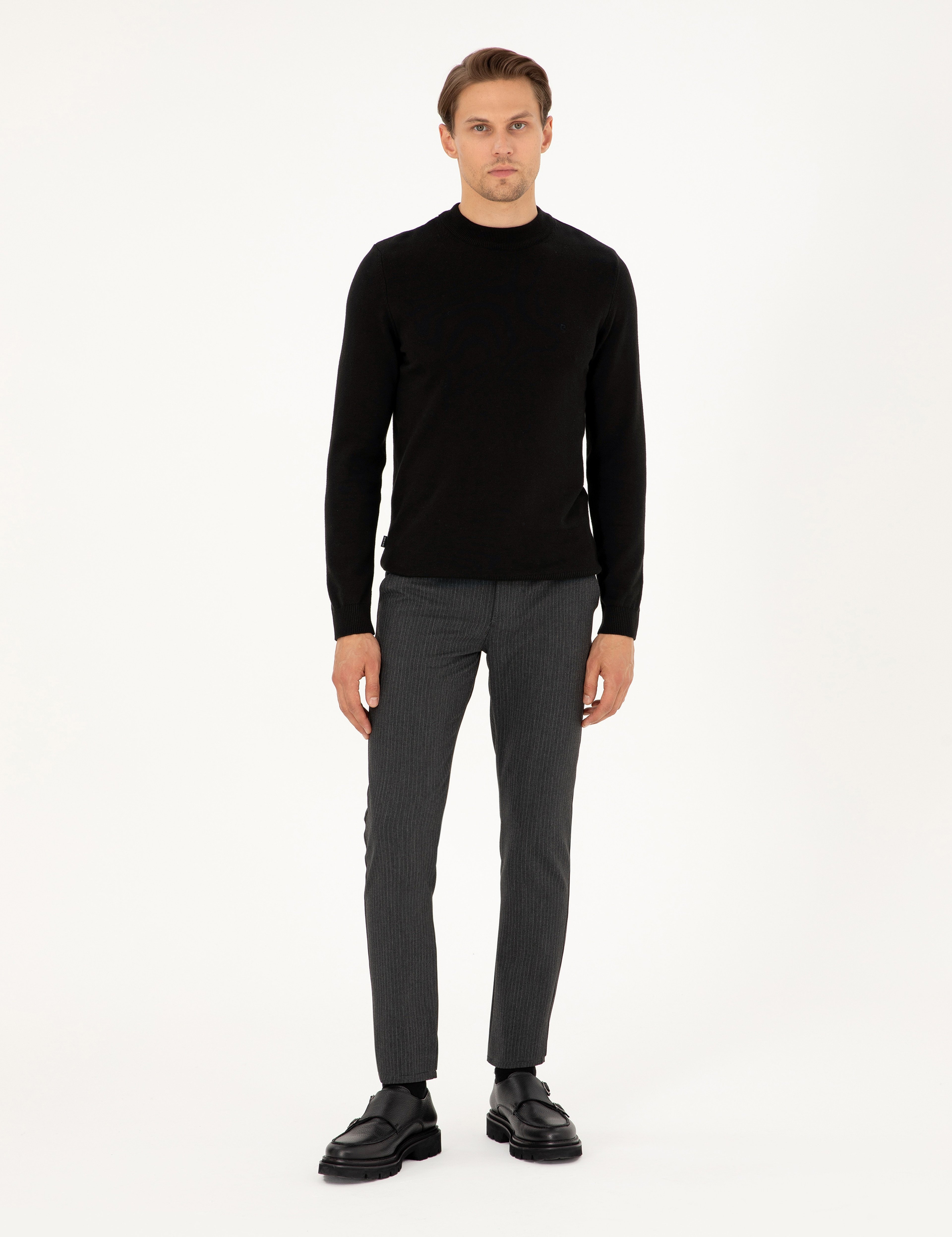 Antrasit Slim Fit Çizgili Kanvas Pantolon - Image 1