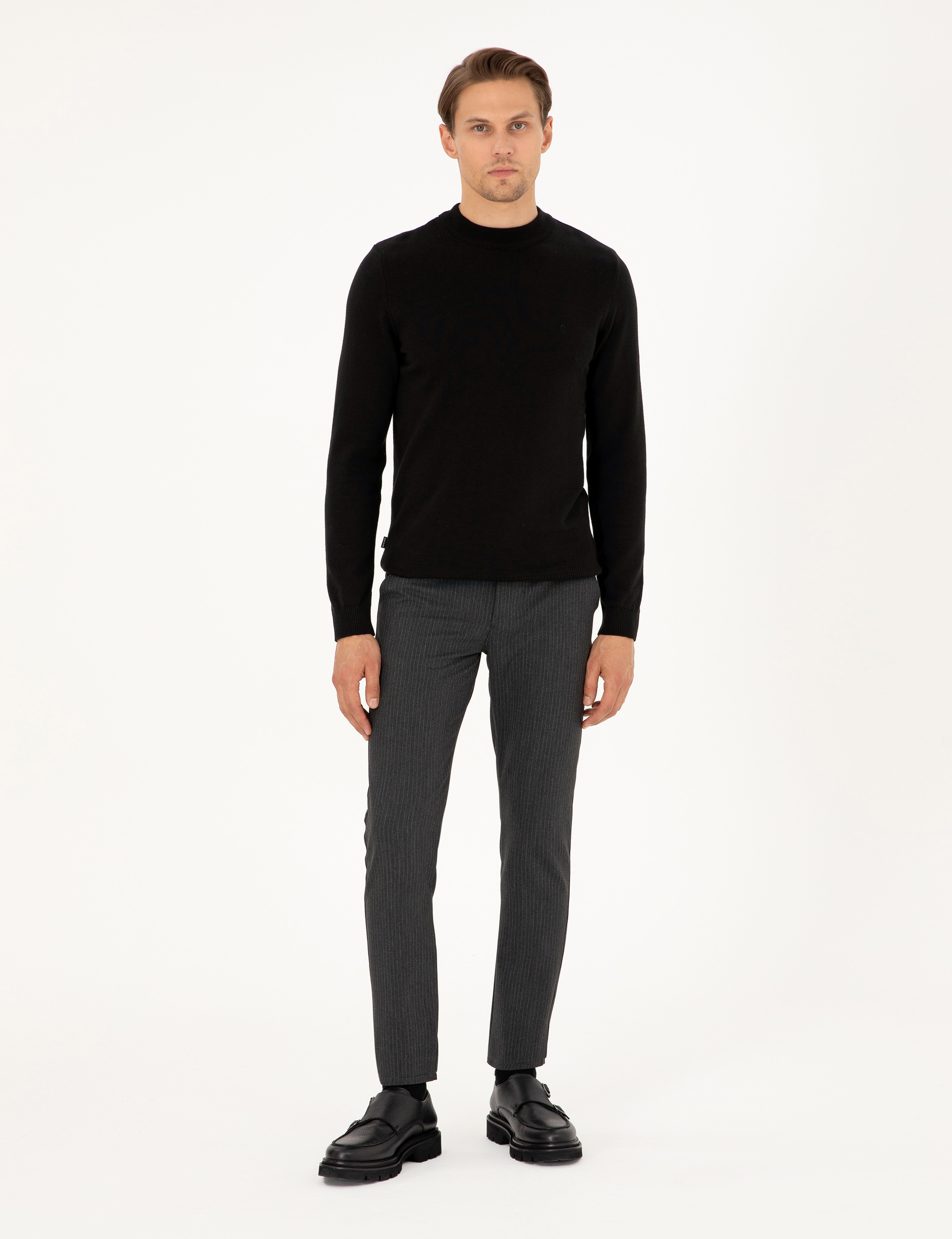 Antrasit Slim Fit Çizgili Kanvas Pantolon