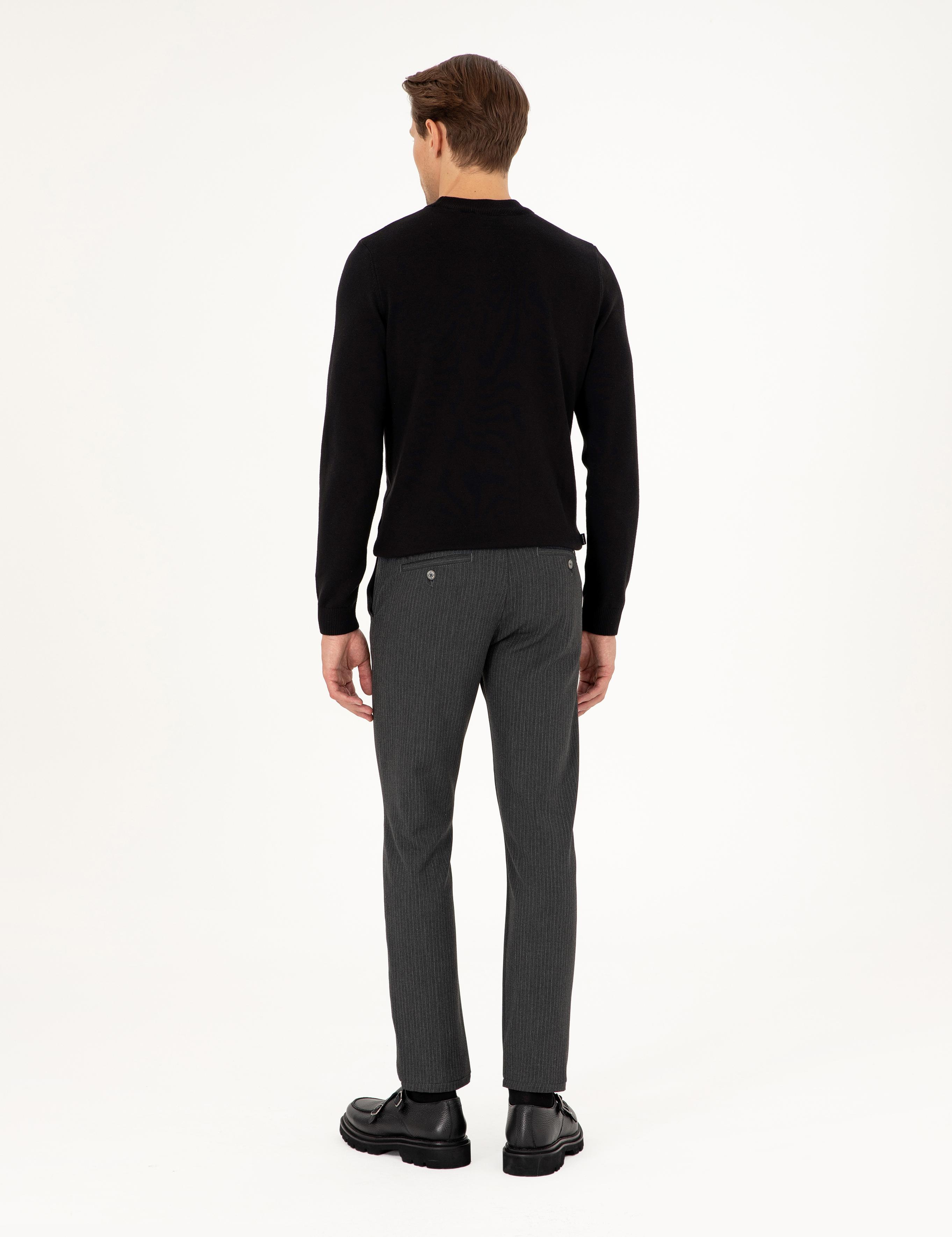 Antrasit Slim Fit Çizgili Kanvas Pantolon