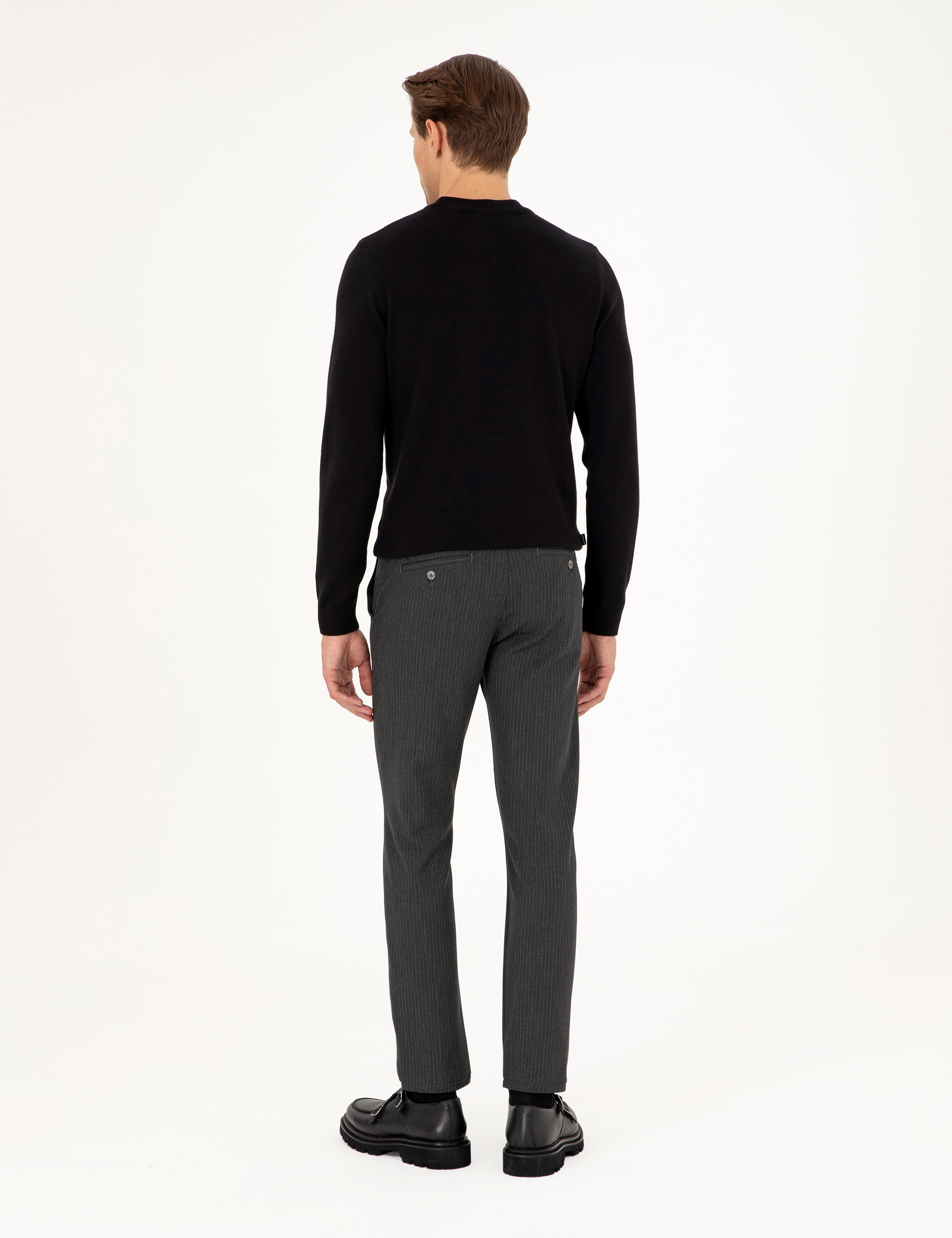 Antrasit Slim Fit Çizgili Kanvas Pantolon