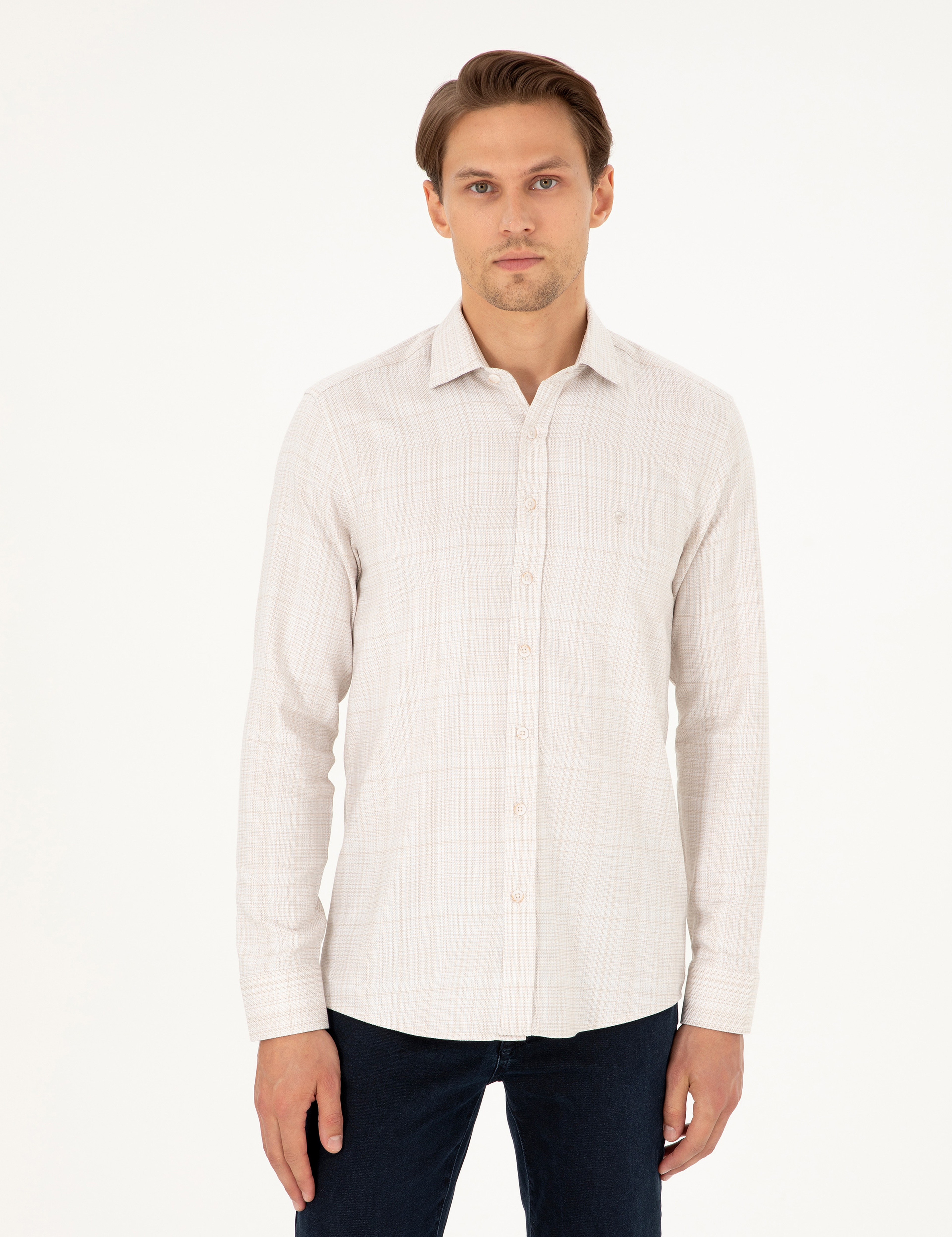 Bej Slim Fit Uzun Kollu Gömlek - Image 1