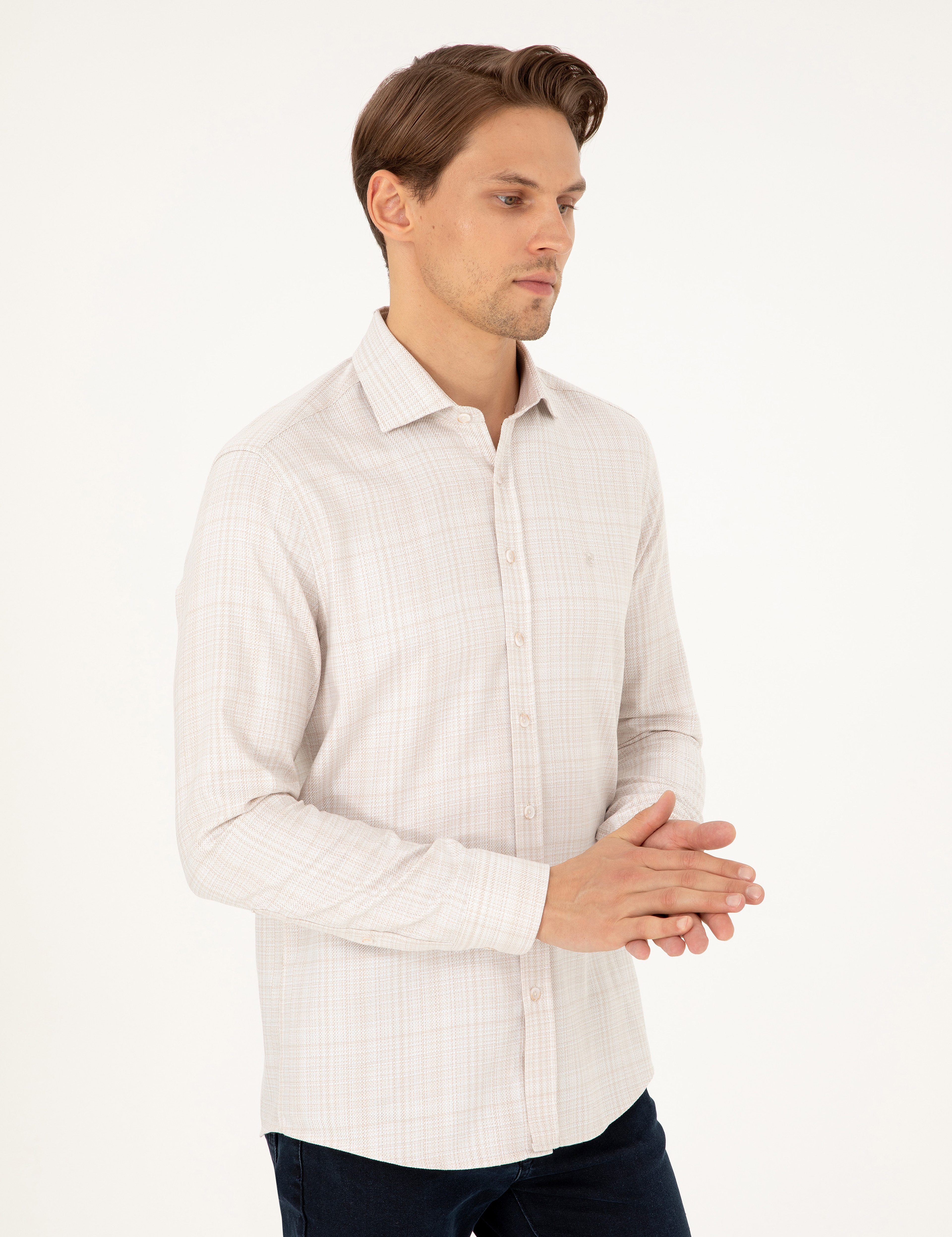 Bej Slim Fit Uzun Kollu Gömlek - Image 3