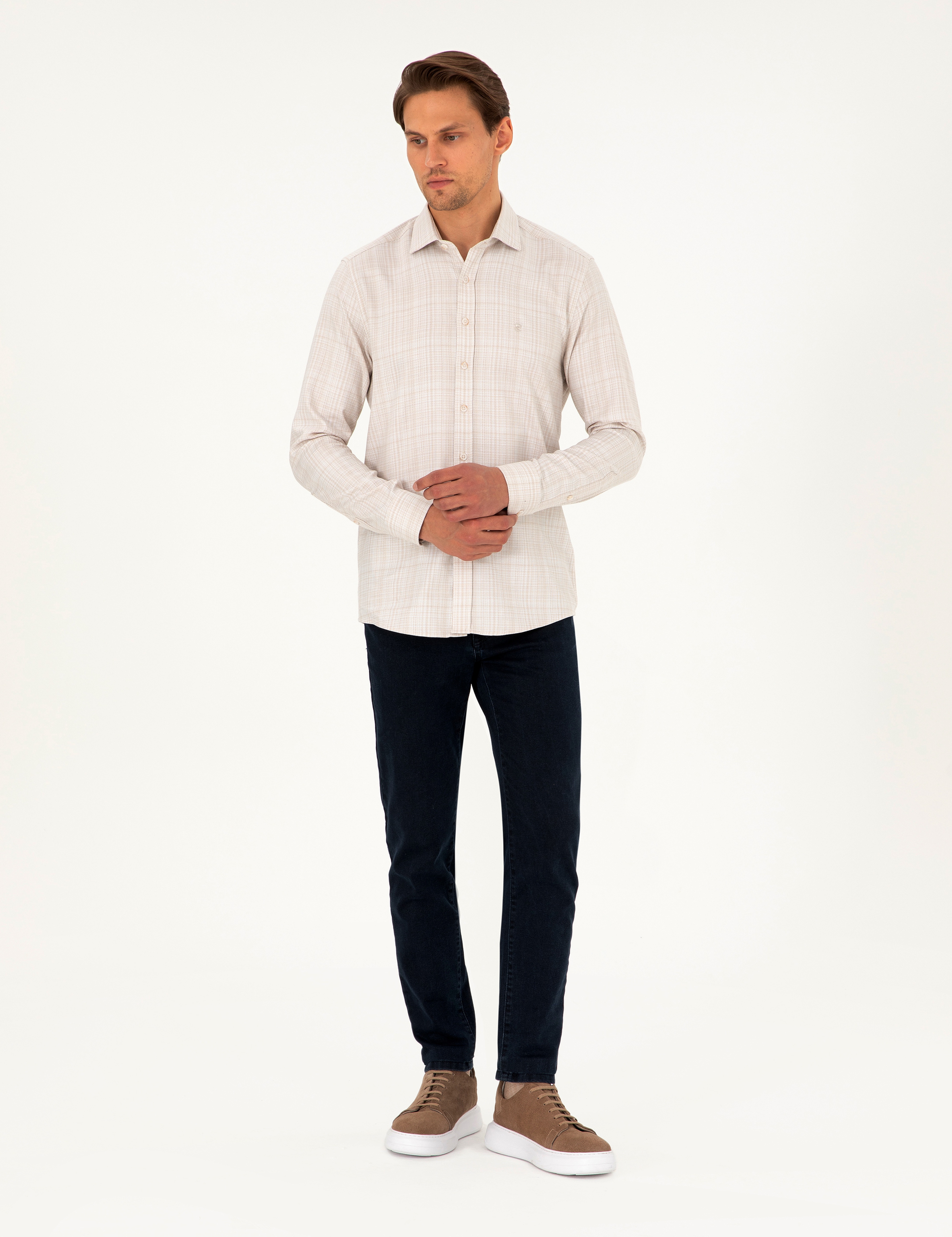 Bej Slim Fit Uzun Kollu Gömlek