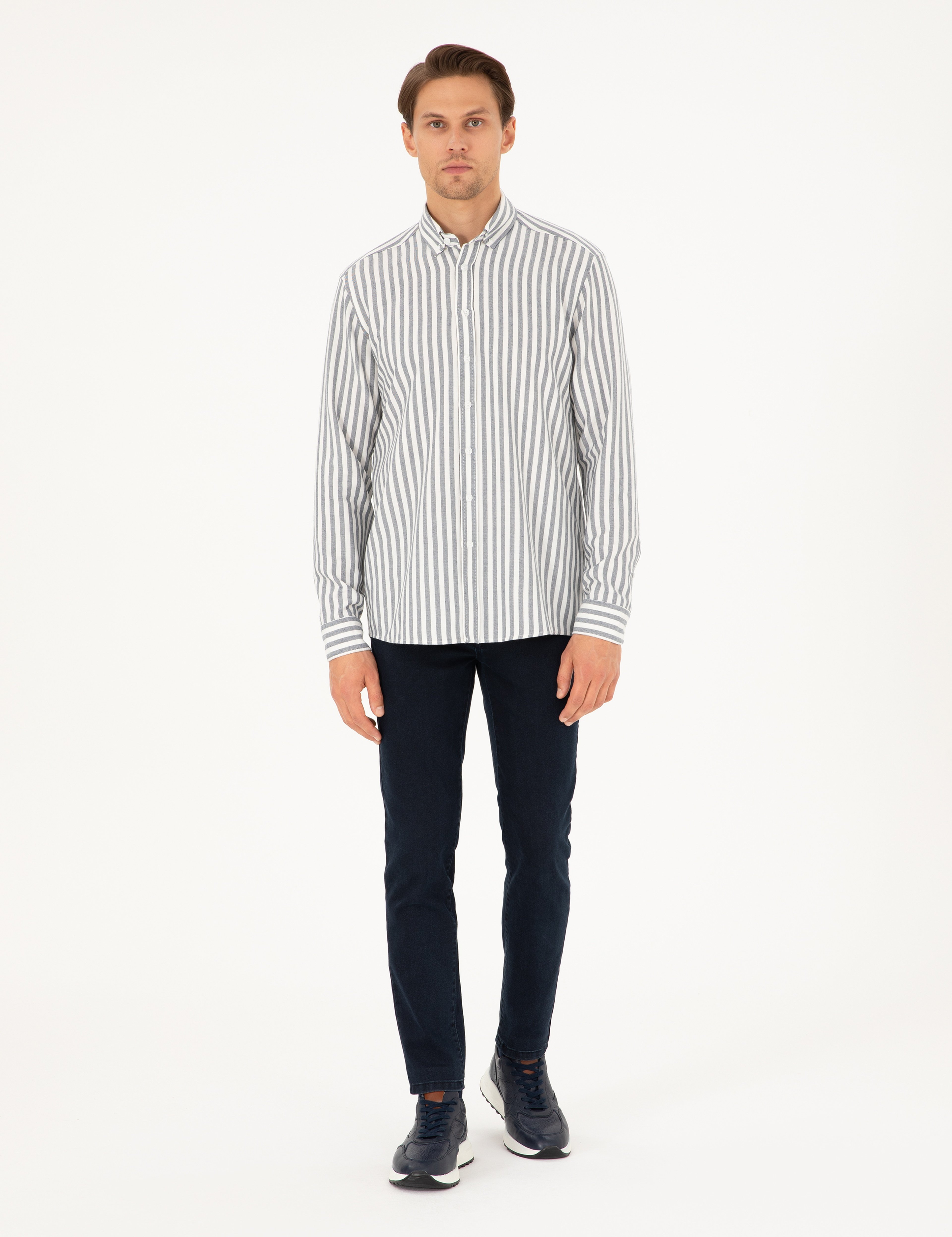 Lacivert Regular Fit Çizgili Uzun Kollu Gömlek - Image 4