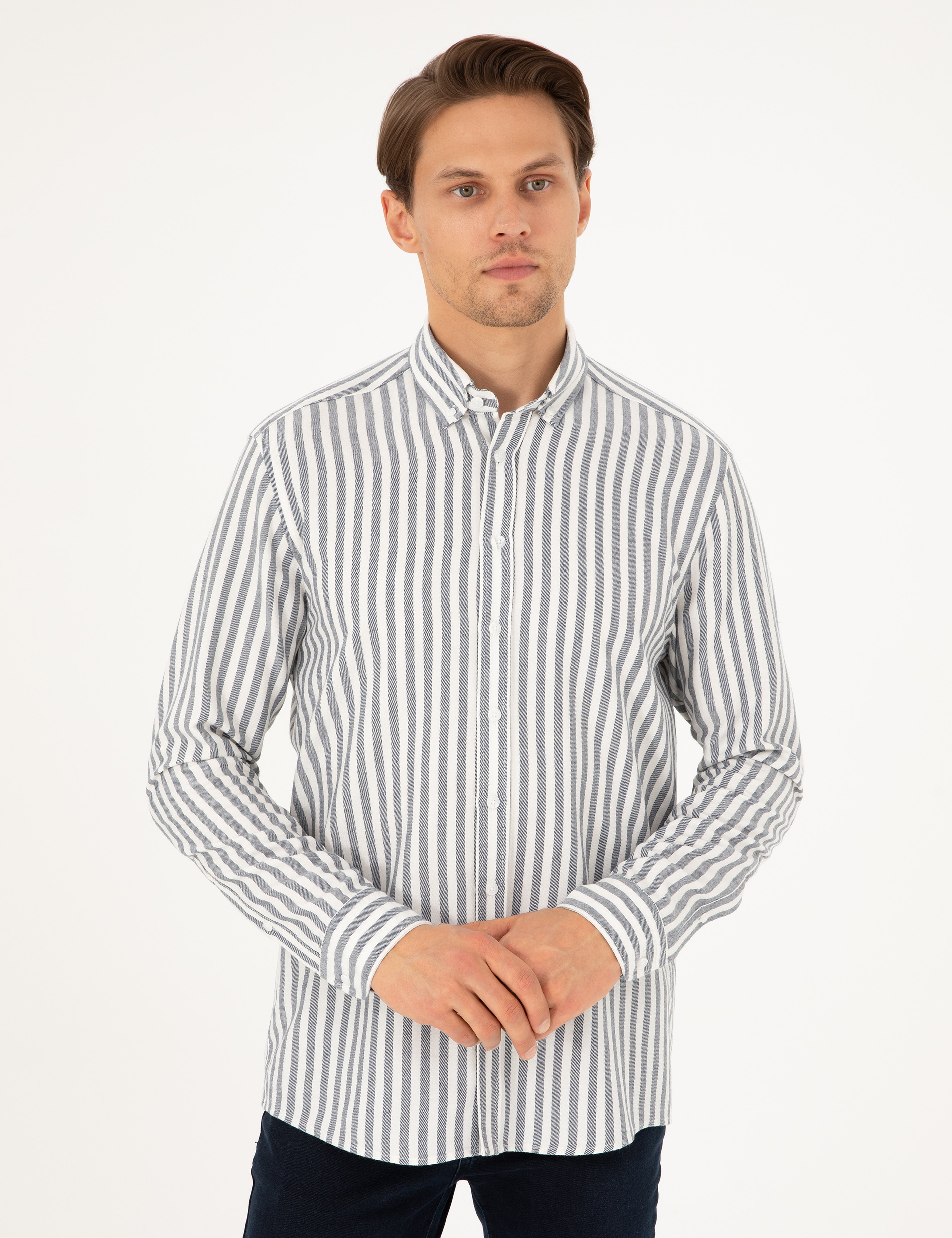 Lacivert Regular Fit Çizgili Uzun Kollu Gömlek - Image 3