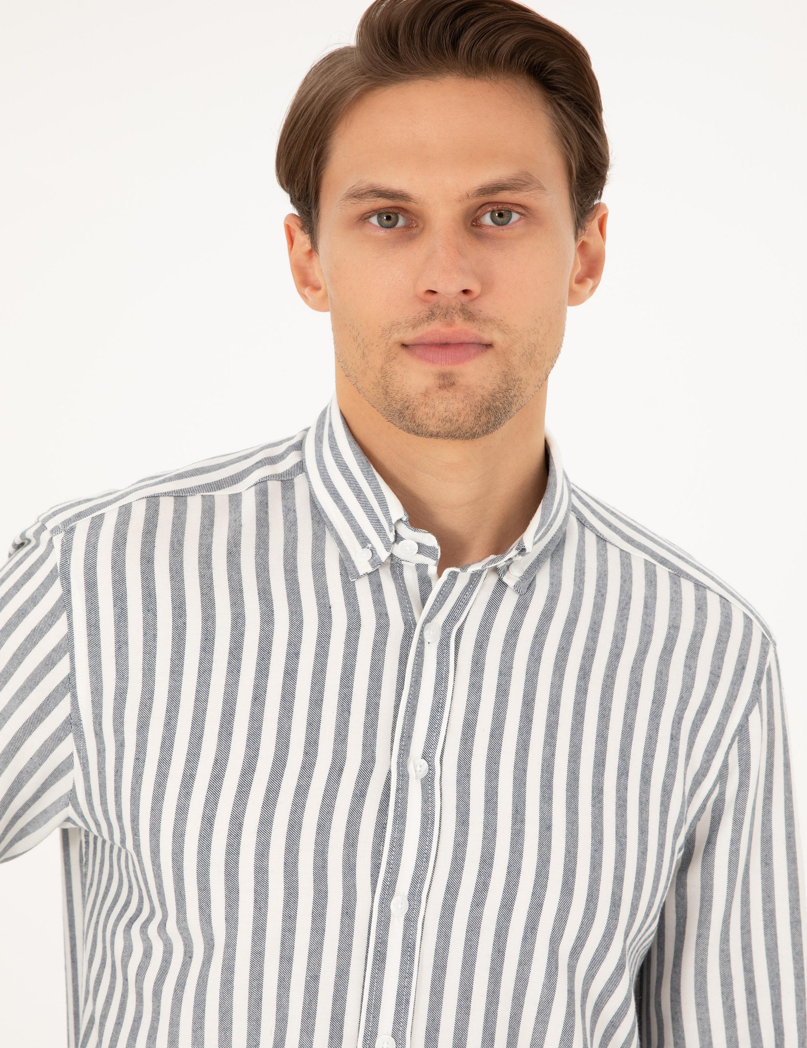 Lacivert Regular Fit Çizgili Uzun Kollu Gömlek