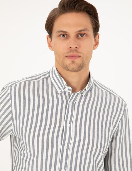 Lacivert Regular Fit Çizgili Uzun Kollu Gömlek - 50295253042