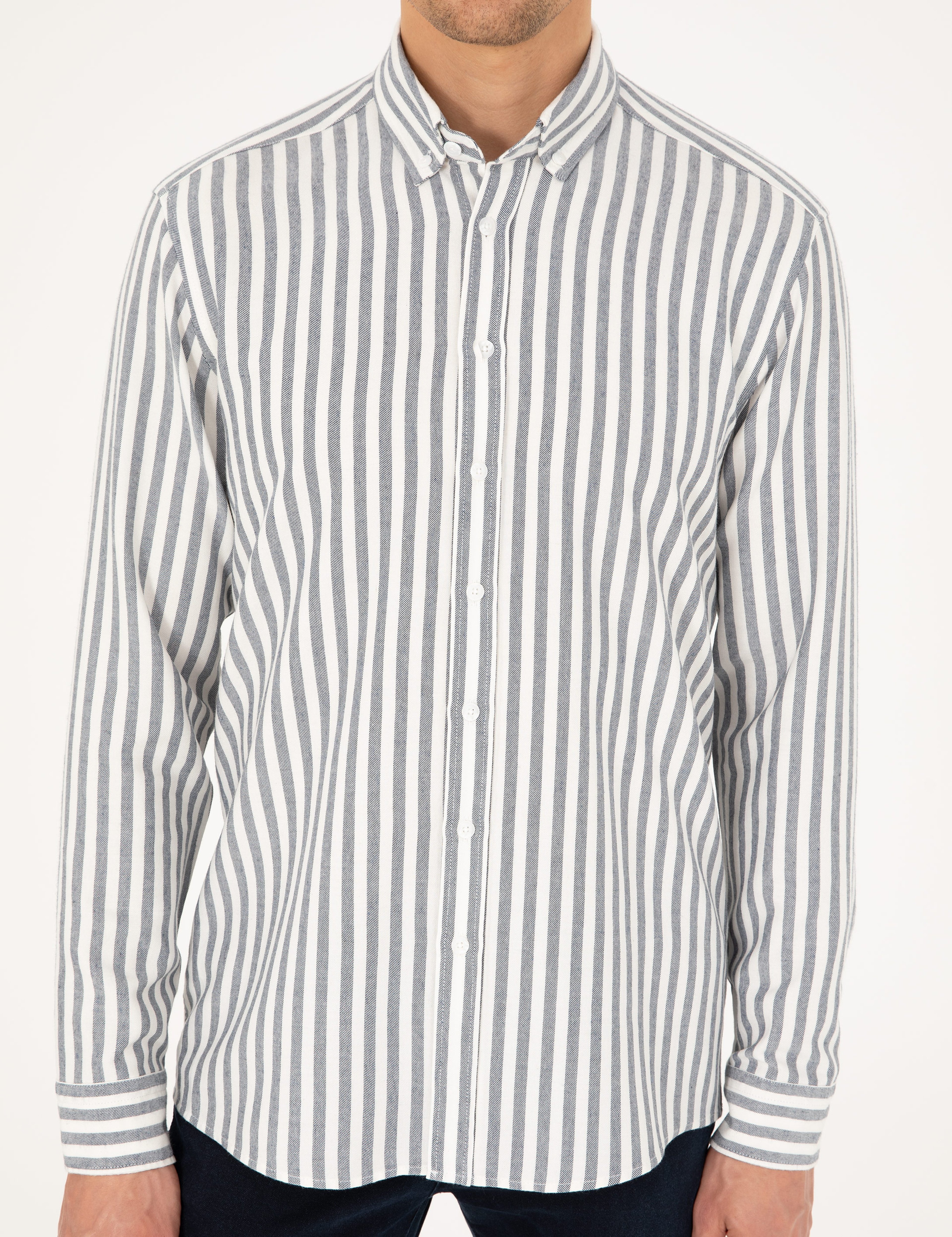 Lacivert Regular Fit Çizgili Uzun Kollu Gömlek - Image 6