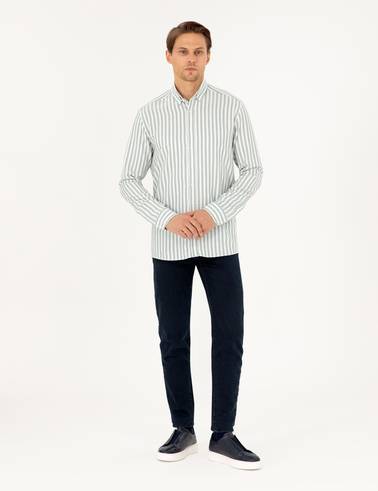 Yeşil Regular Fit Çizgili Uzun Kollu Gömlek