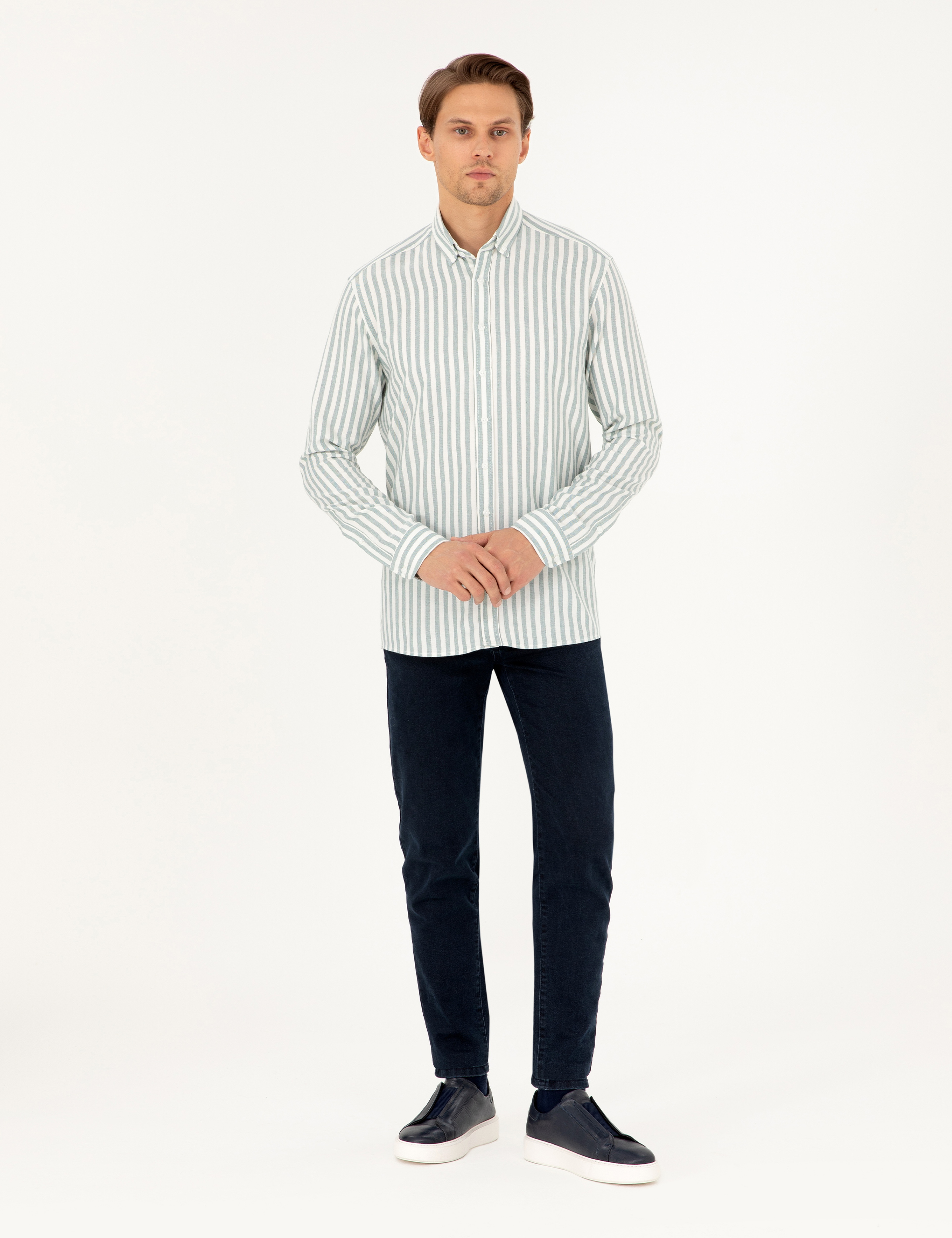 Yeşil Regular Fit Çizgili Uzun Kollu Gömlek