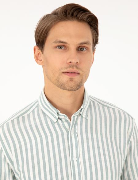 Yeşil Regular Fit Çizgili Uzun Kollu Gömlek - 50295253060