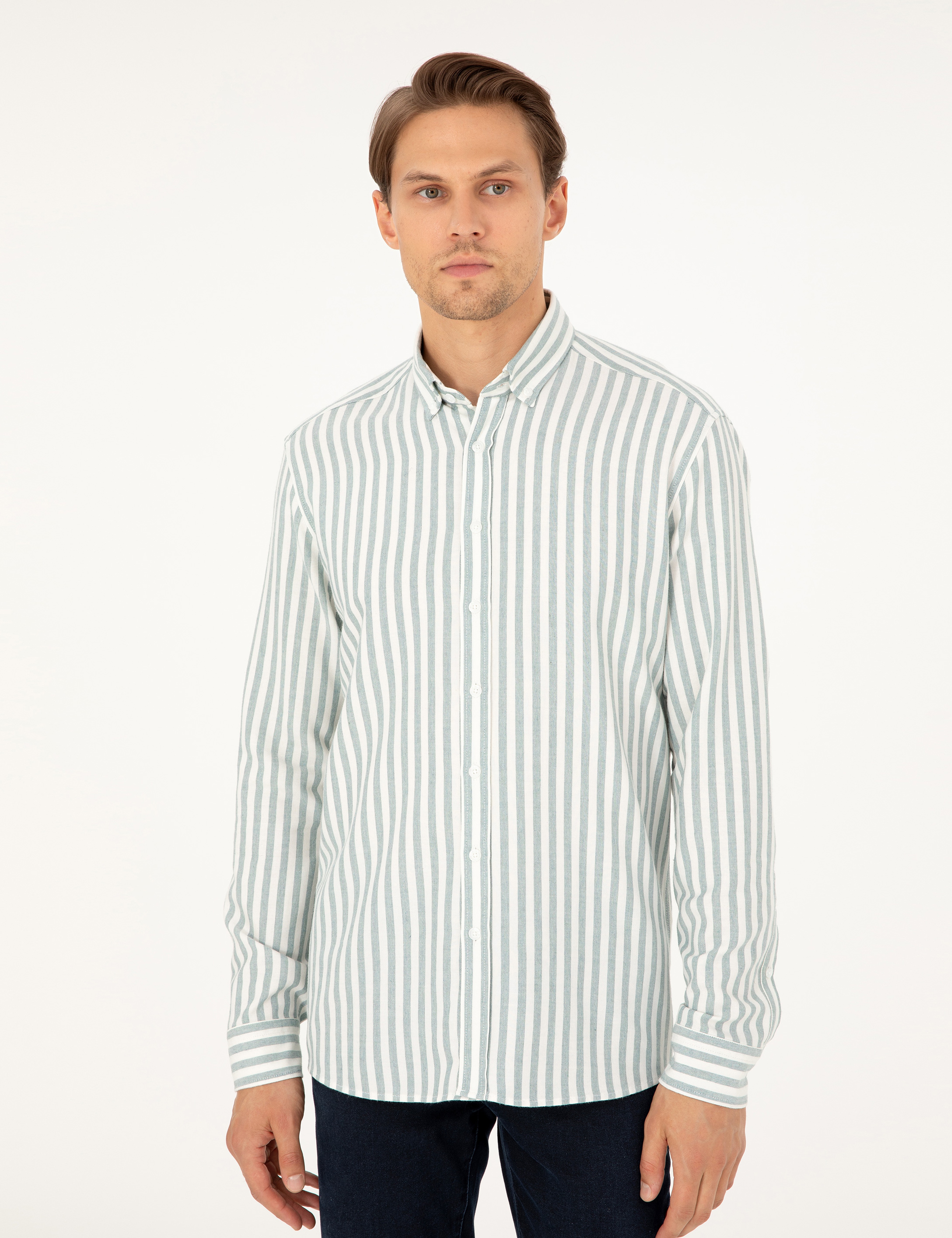 Yeşil Regular Fit Çizgili Uzun Kollu Gömlek - Image 3