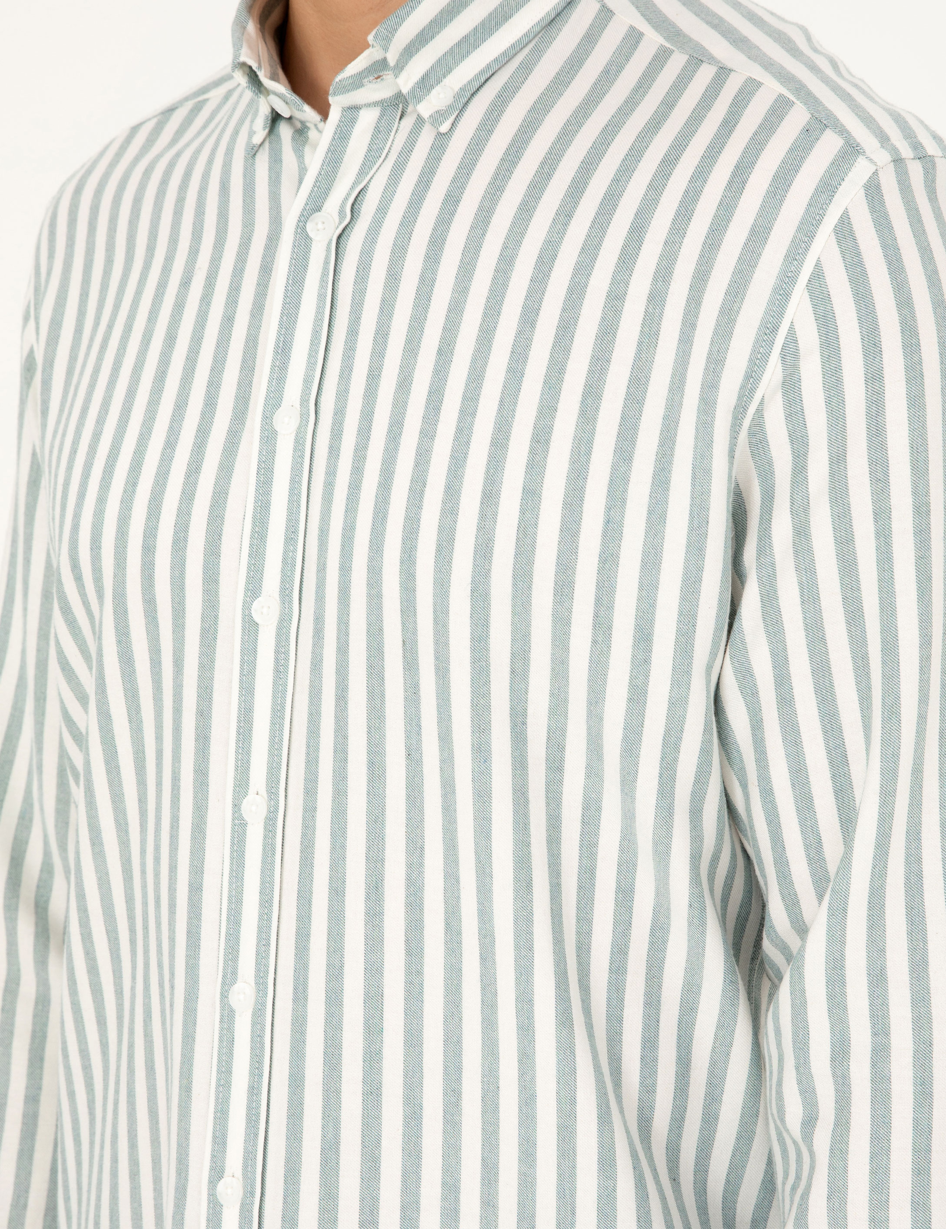 Yeşil Regular Fit Çizgili Uzun Kollu Gömlek - Image 7
