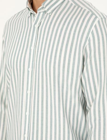 Yeşil Regular Fit Çizgili Uzun Kollu Gömlek - 50295253060