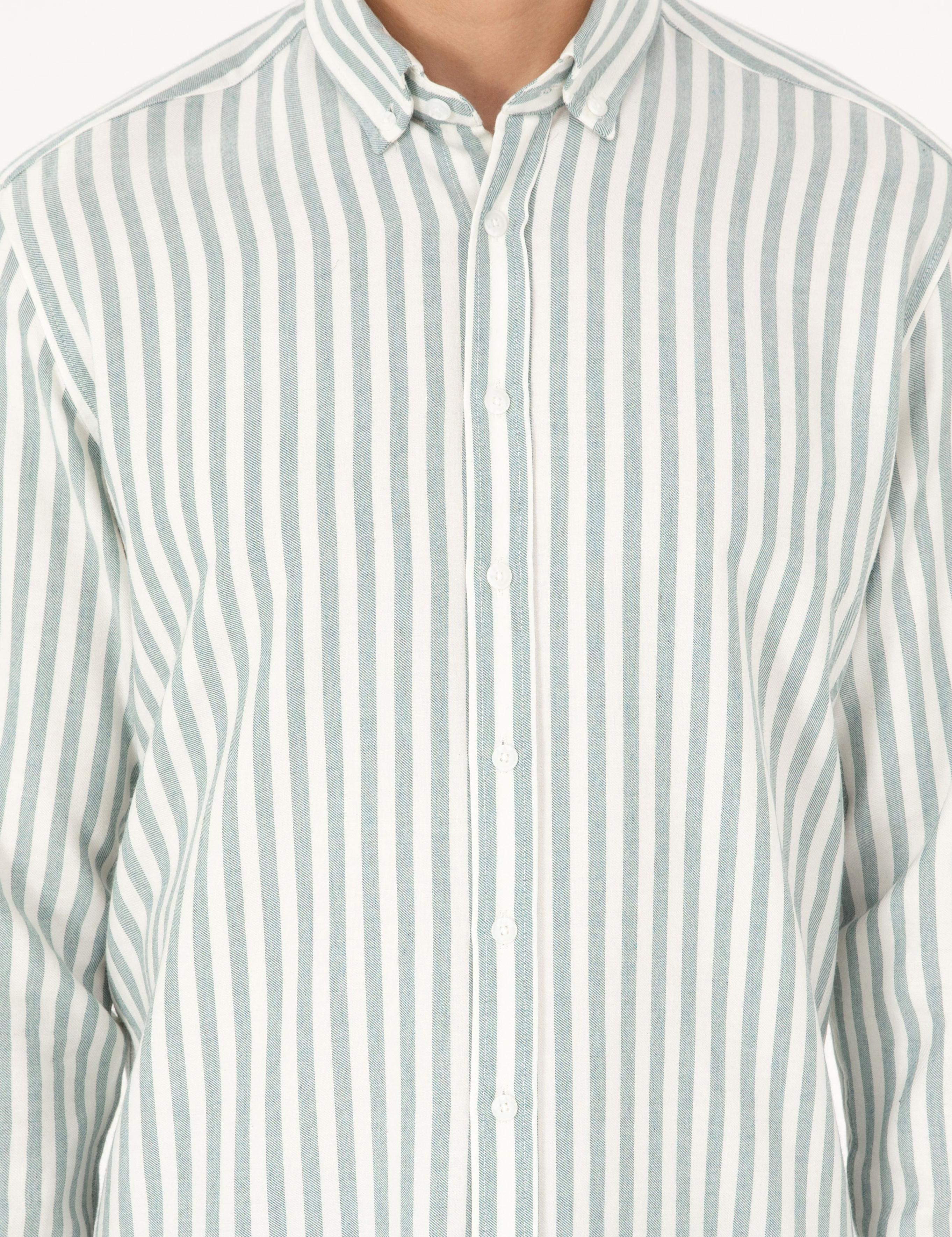 Yeşil Regular Fit Çizgili Uzun Kollu Gömlek