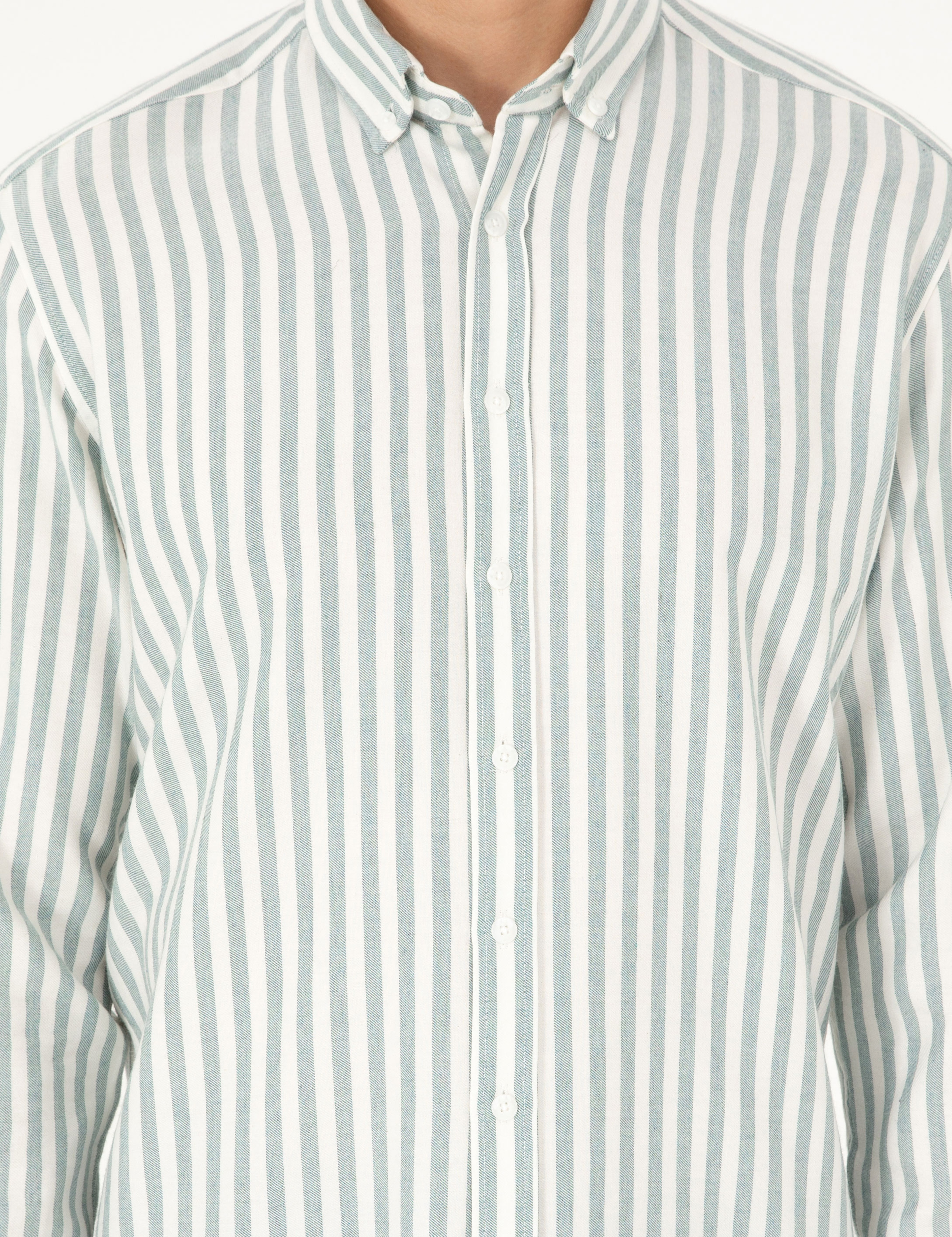 Yeşil Regular Fit Çizgili Uzun Kollu Gömlek - Image 6