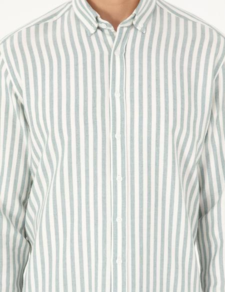 Yeşil Regular Fit Çizgili Uzun Kollu Gömlek - 50295253060