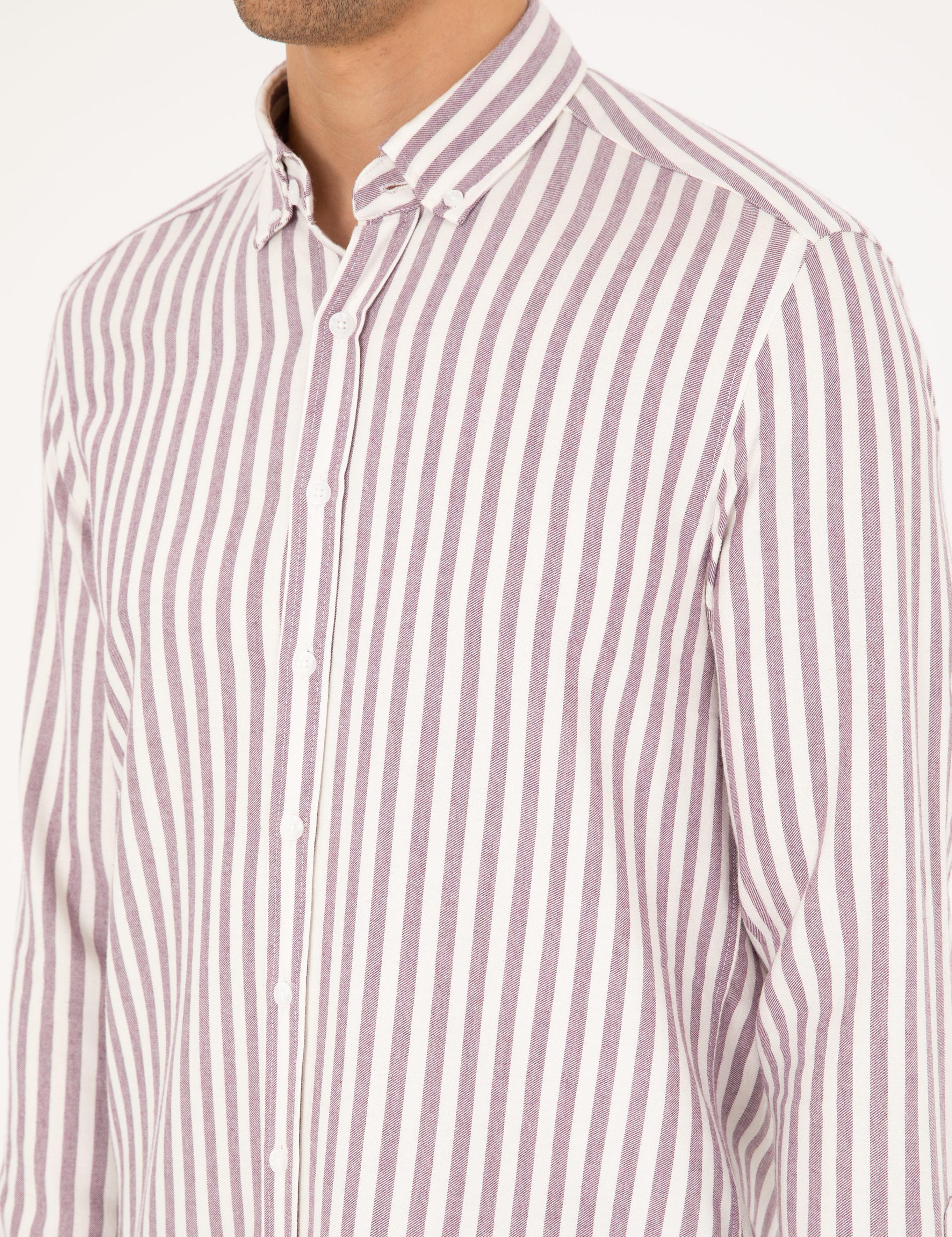 Mor Regular Fit Çizgili Uzun Kollu Gömlek