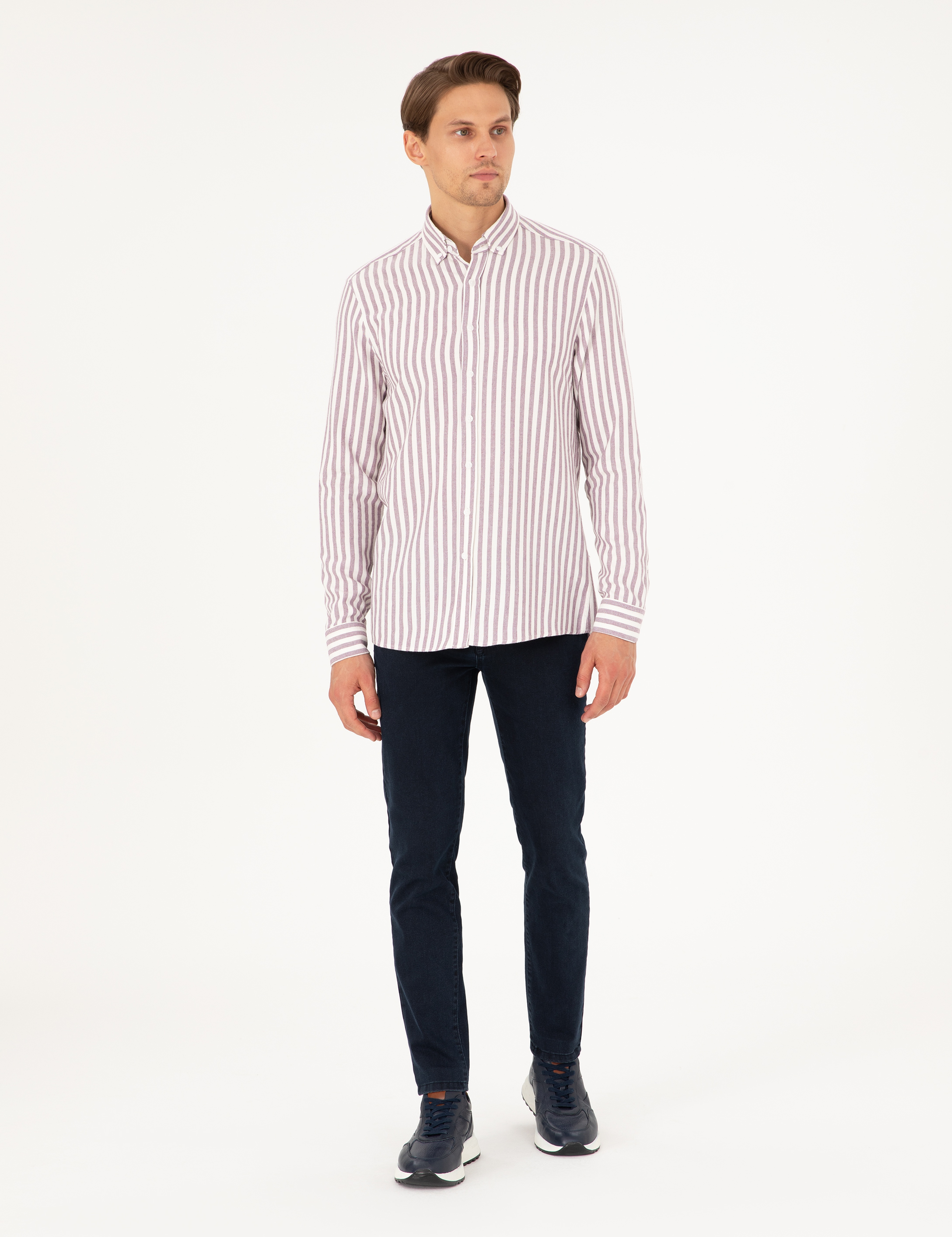 Mor Regular Fit Çizgili Uzun Kollu Gömlek - Image 4