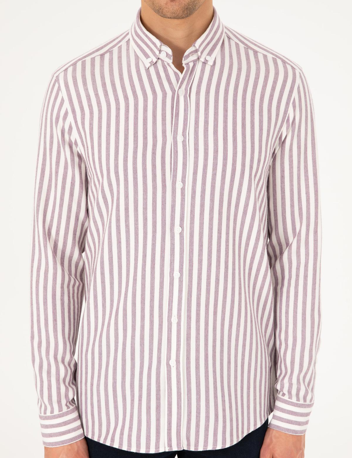Mor Regular Fit Çizgili Uzun Kollu Gömlek - 50295253069