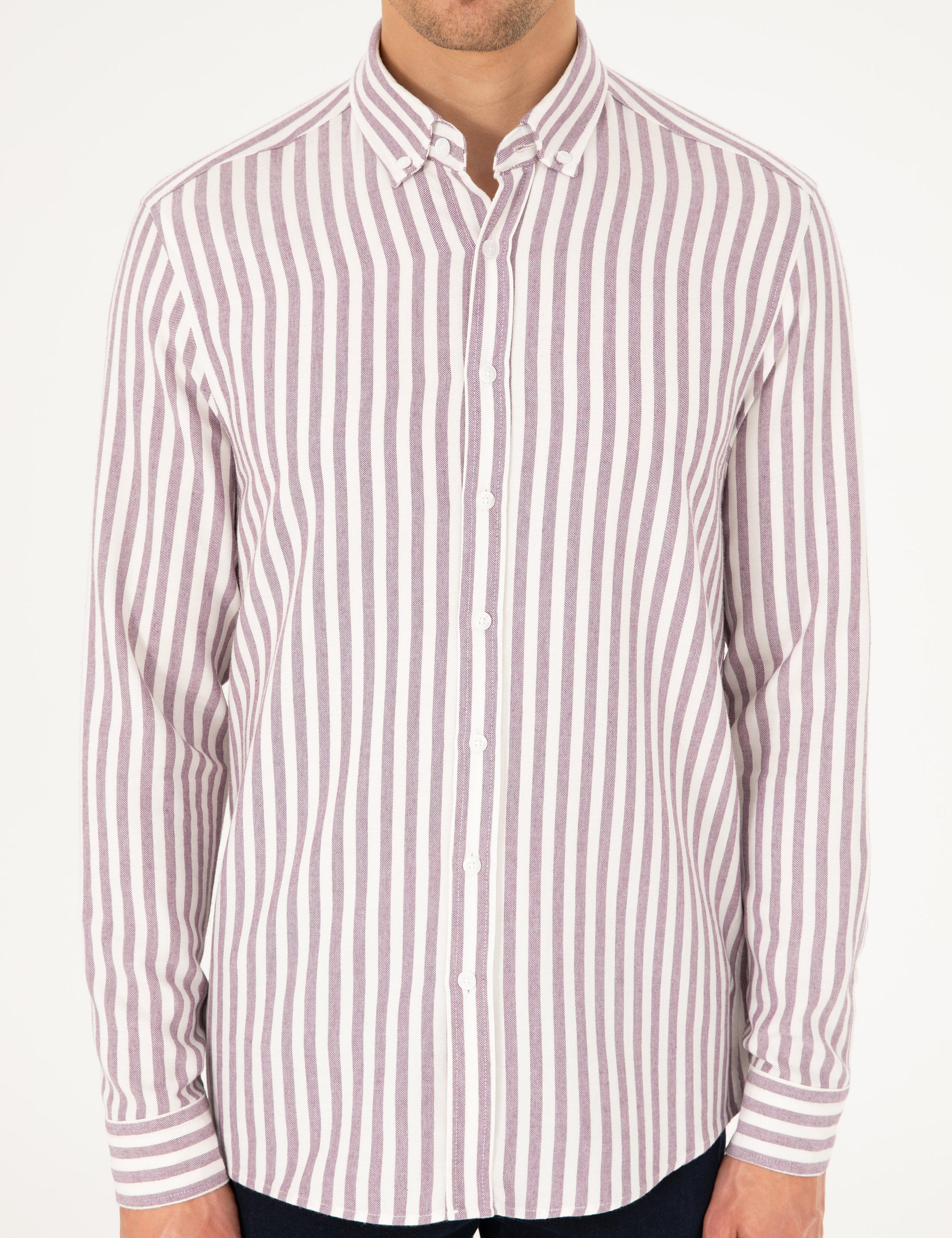 Mor Regular Fit Çizgili Uzun Kollu Gömlek