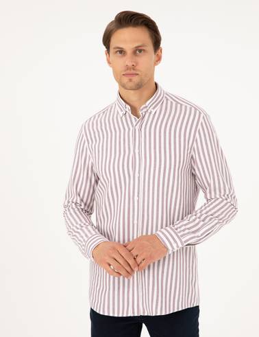 Mor Regular Fit Çizgili Uzun Kollu Gömlek